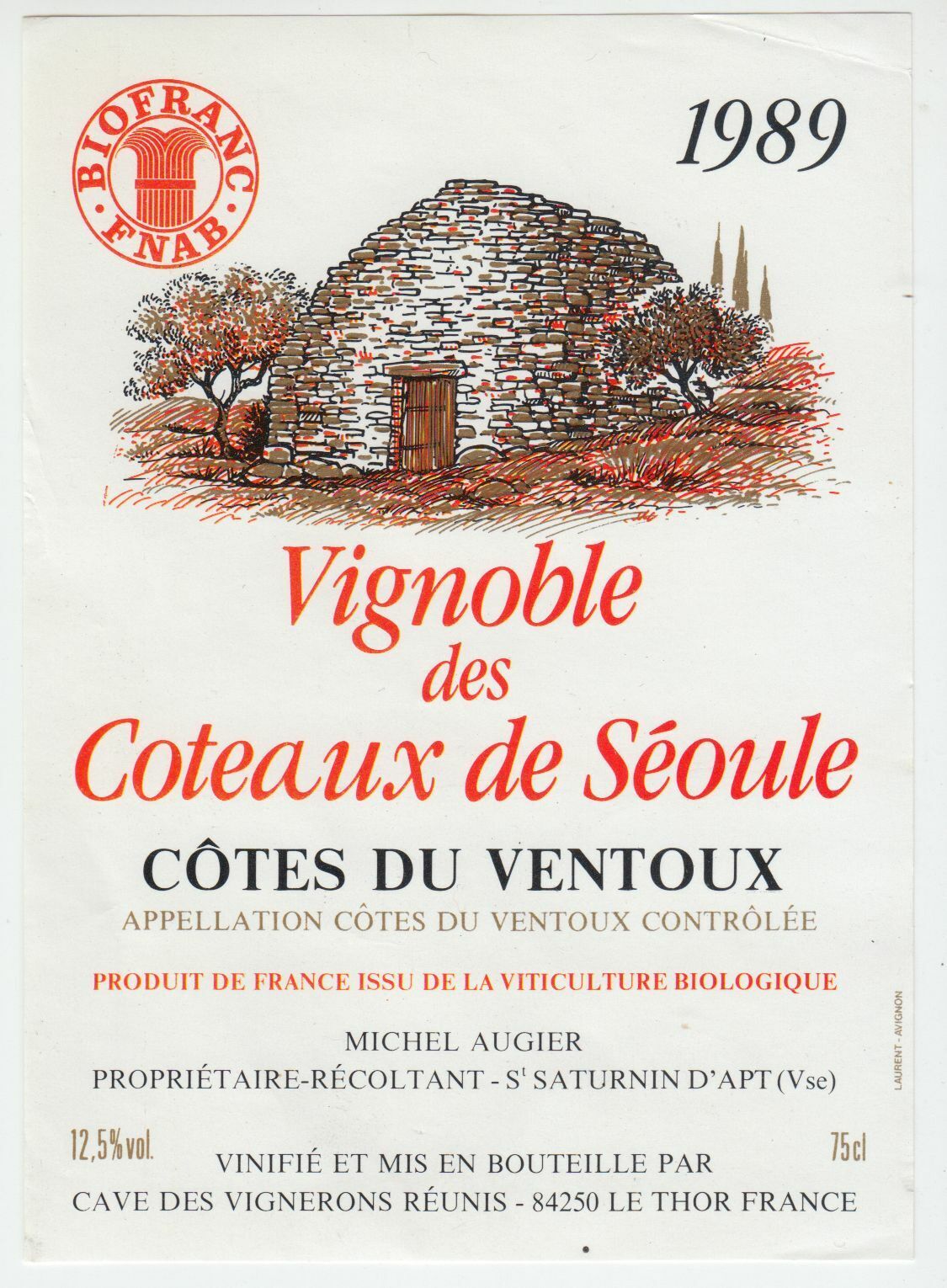 ETIQUETTE DE VIN COTES DU VENTOUX 1989 VIGNOBLE DES COTEAUX DE SEOULE 402581826100