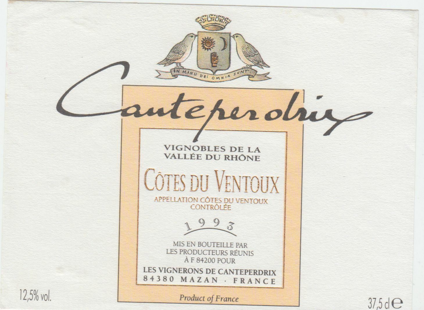 ETIQUETTE DE VIN COTES DU VENTOUX 1993 CANTEPERDRIX 402581826130