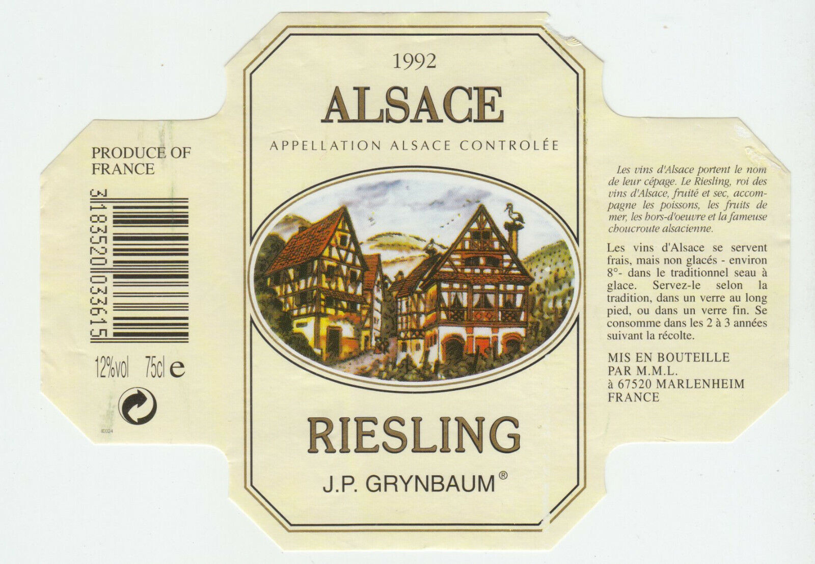 ETIQUETTE DE VIN D ALSACE RIESLING 1992 JP GRYNBAUM 124511869370