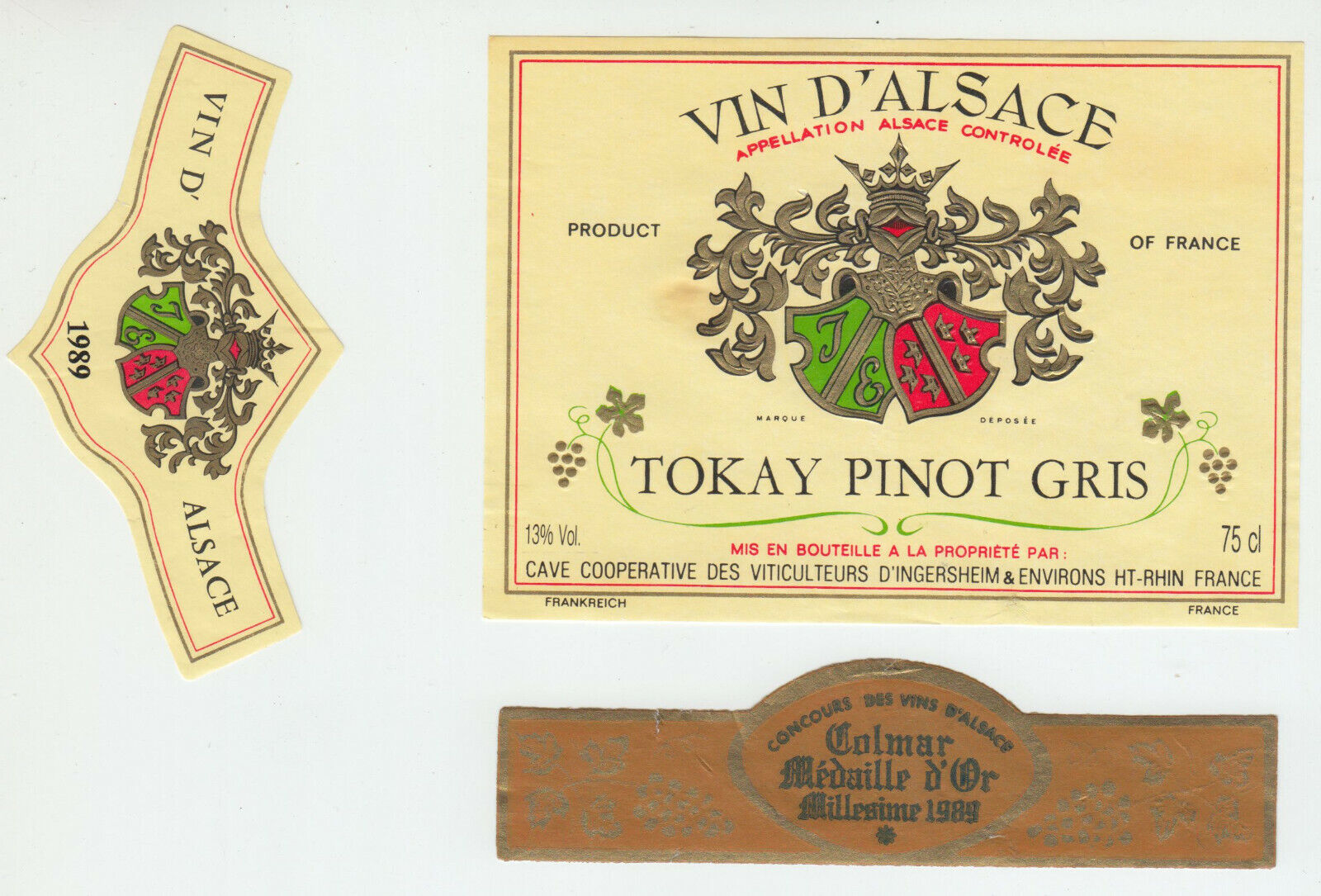 ETIQUETTE DE VIN D ALSACE TOKAY PINOT GRIS 1989 MEDAILLE D OR COLMAR 124511869350