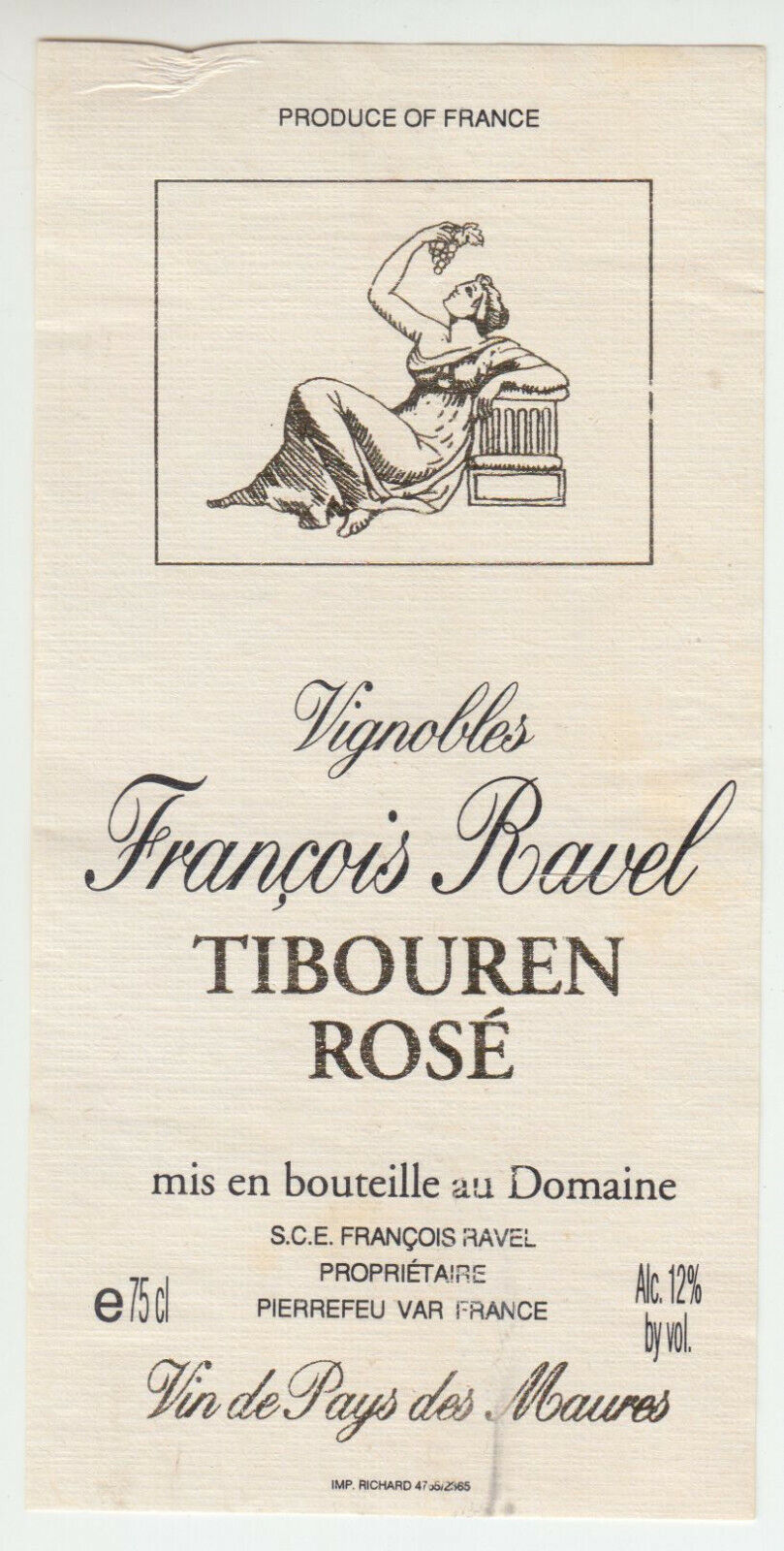 ETIQUETTE DE VIN DE PAYS DES MAURES FRANCOIS RAVEL TIBOUREN ROSE PIERREFEU 402689167330