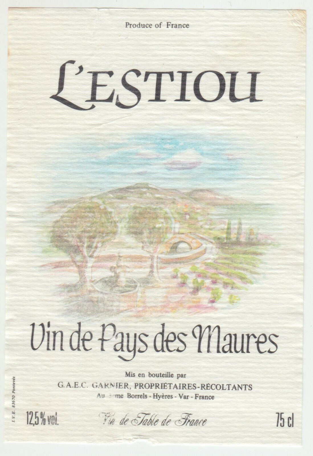 ETIQUETTE DE VIN DE PAYS DES MAURES L ESTIOU GARNIER LES BORRELS HYERES 402689167310