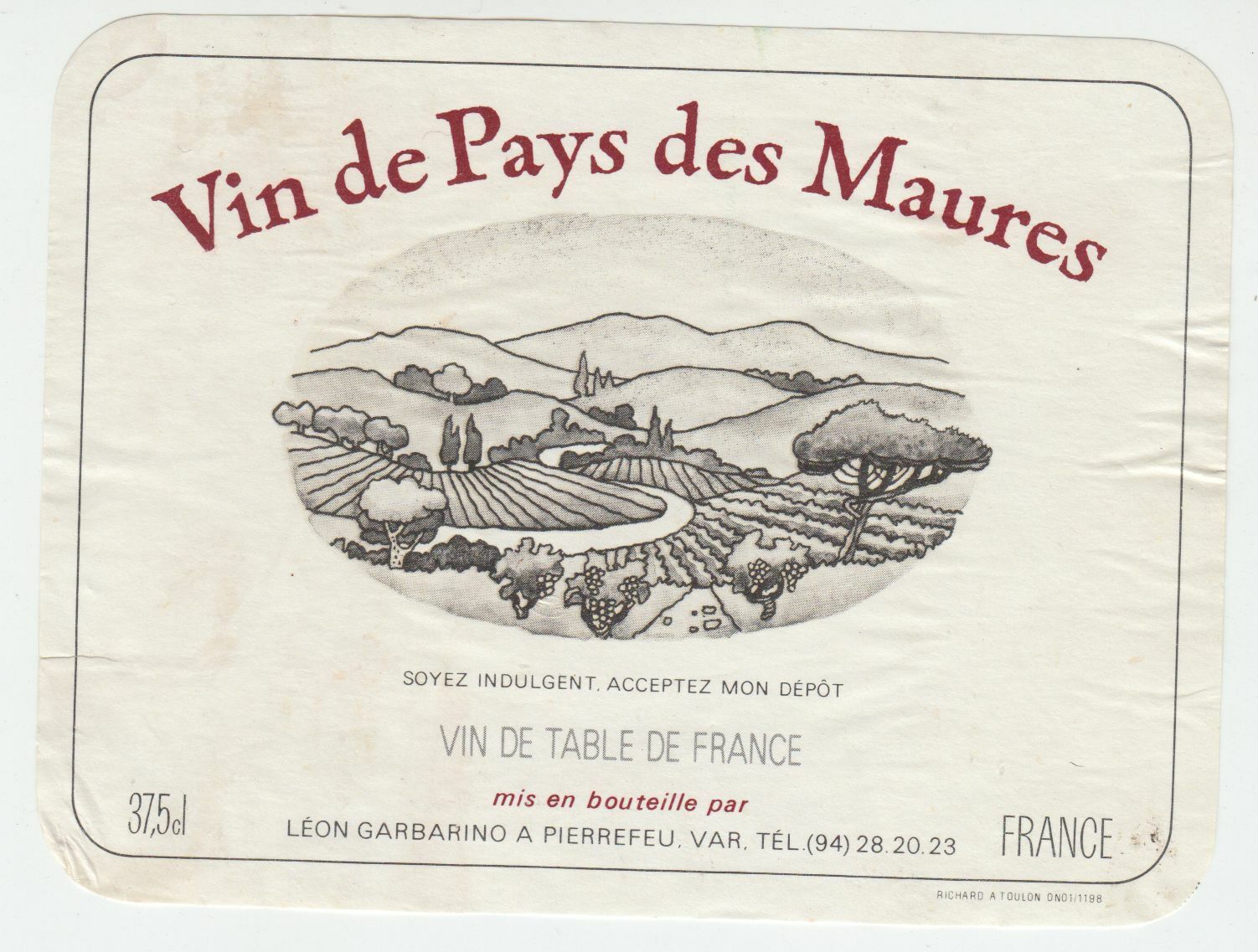 ETIQUETTE DE VIN DE PAYS DES MAURES LEON GARBARINO PIERREFEU 124569409480