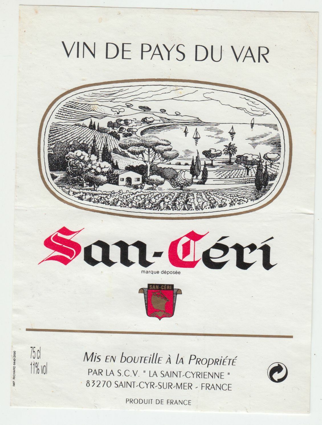 ETIQUETTE DE VIN DE PAYS DU VAR SAN CERI SAINT CYR SUR MER