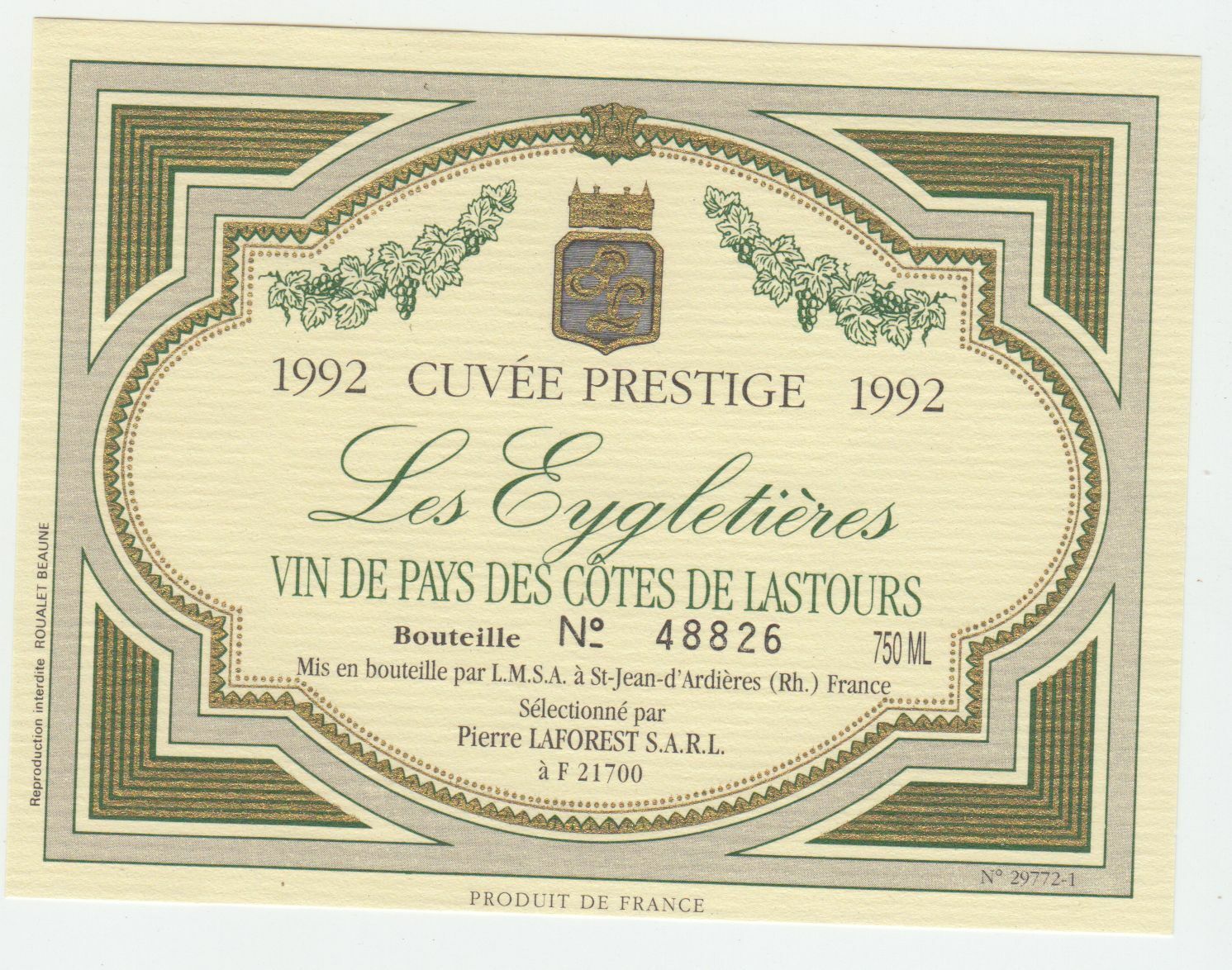 ETIQUETTE DE VIN DES COTES DE LASTOURS 1992 LES EYGLETIERES 402690973550