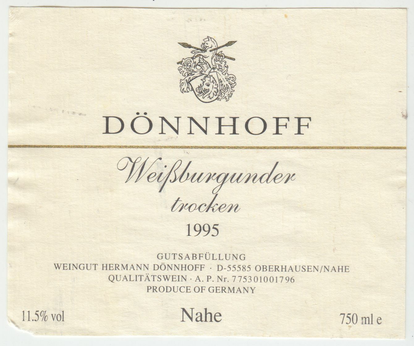 ETIQUETTE DE VIN DONNHOFF WEIBBURGUNDER TROCKEN 1995 402553003200