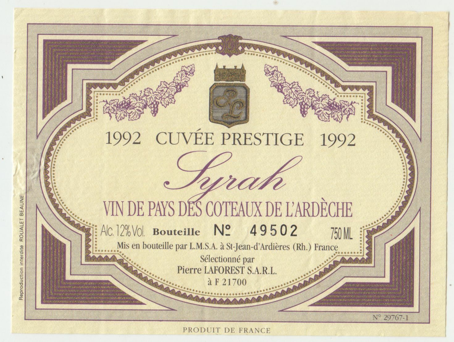 ETIQUETTE DE VIN DU PAYS DES COTEAUX DE L ARDECHE 1992 SYRAH 402695573040