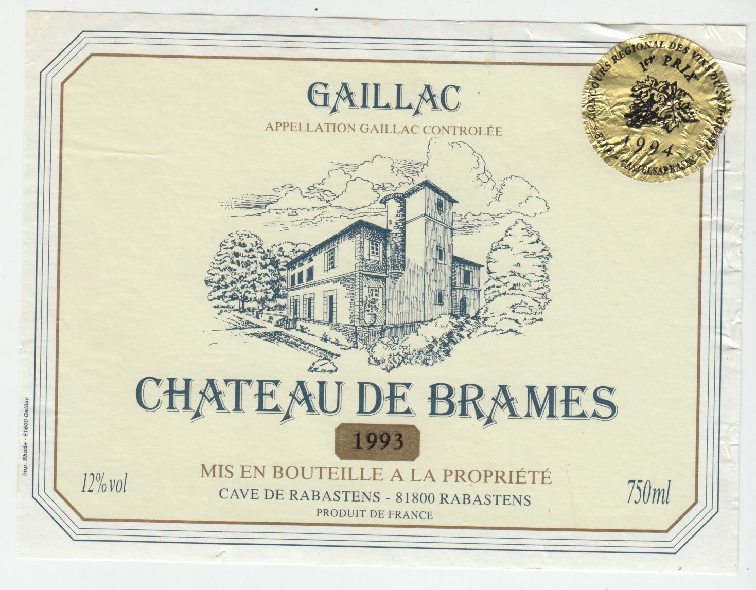 ETIQUETTE DE VIN GAILLAC 1993 1 PRIX CHATEAU DE BRAMES 124552112010