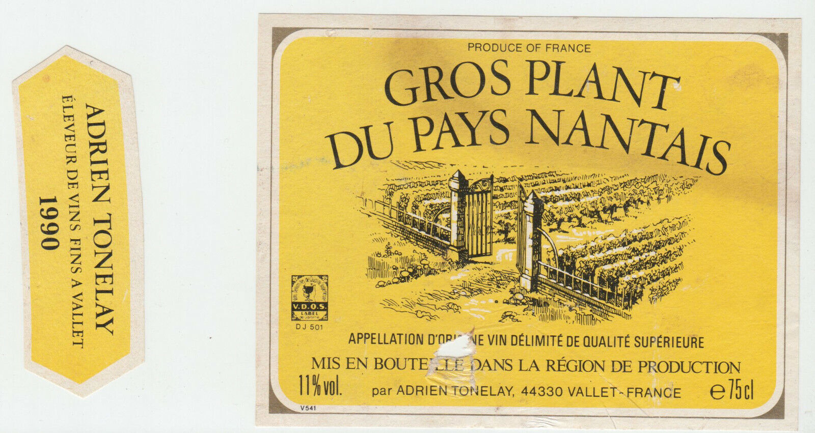 ETIQUETTE DE VIN GROS PLANT DU PAYS NANTAIS 1990 ADRIEN TONELAY 402631698480