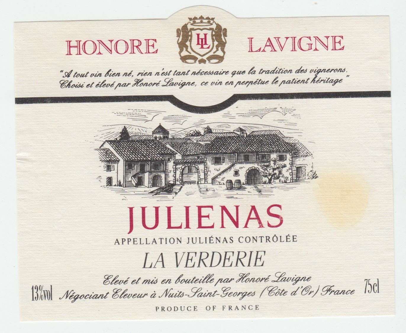 ETIQUETTE DE VIN JULIENAS LA VERDERIE HONORE LAVIGNE 124555697060