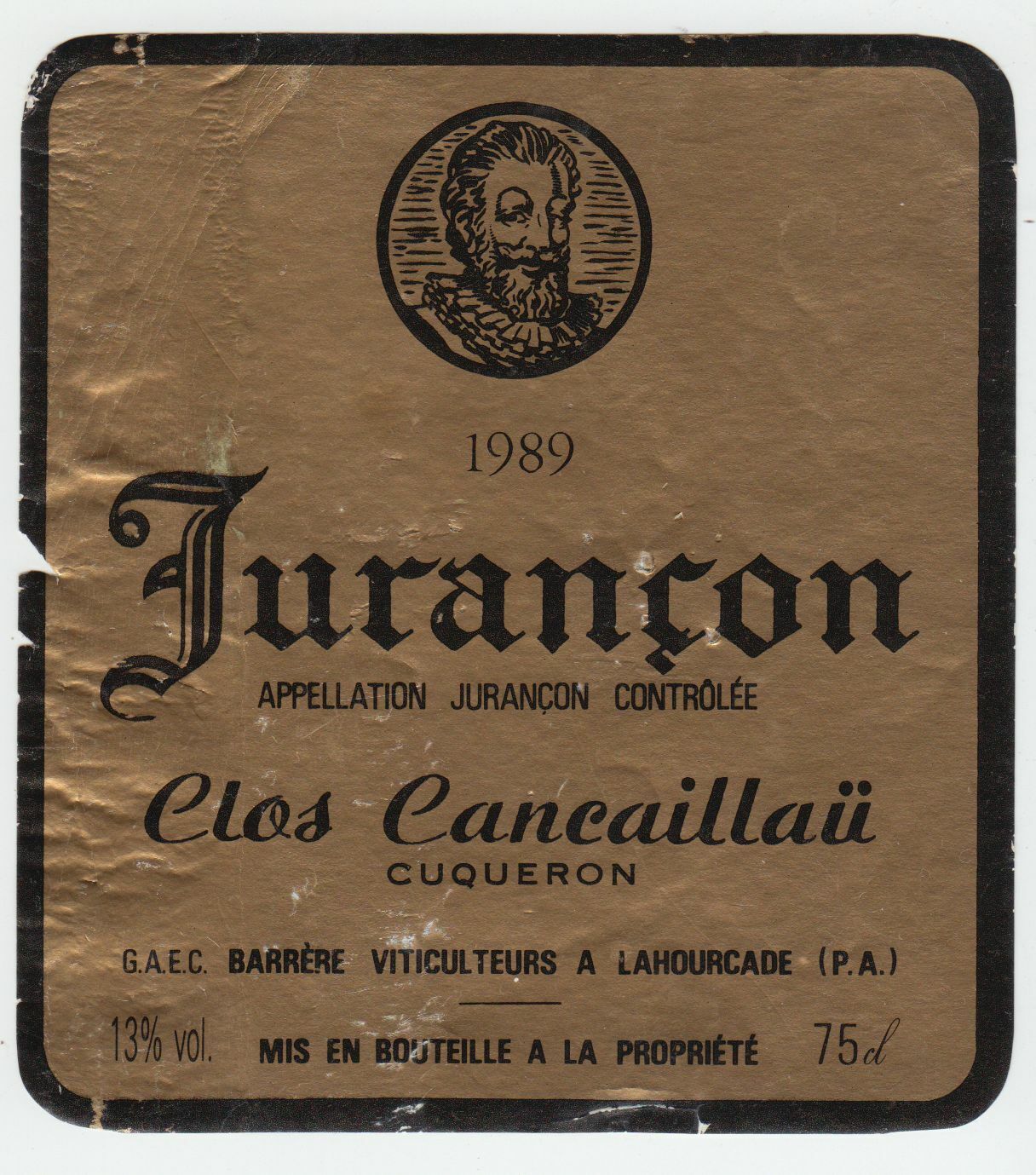 ETIQUETTE DE VIN JURANCON 1989 CLOS CANCAILLAII CUQUERON 124552112030