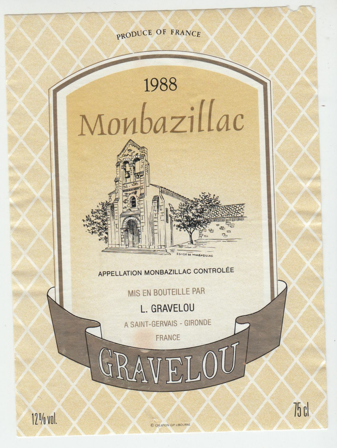 ETIQUETTE DE VIN MONBAZILLAC GRAVELOU 1988 124539262530