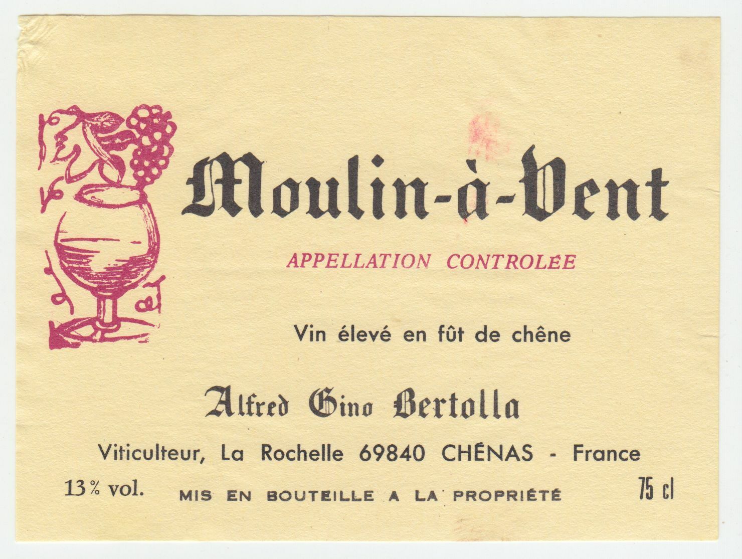 ETIQUETTE DE VIN MOULIN A VENT ALFRED GINO BERTOLLA 124463377120