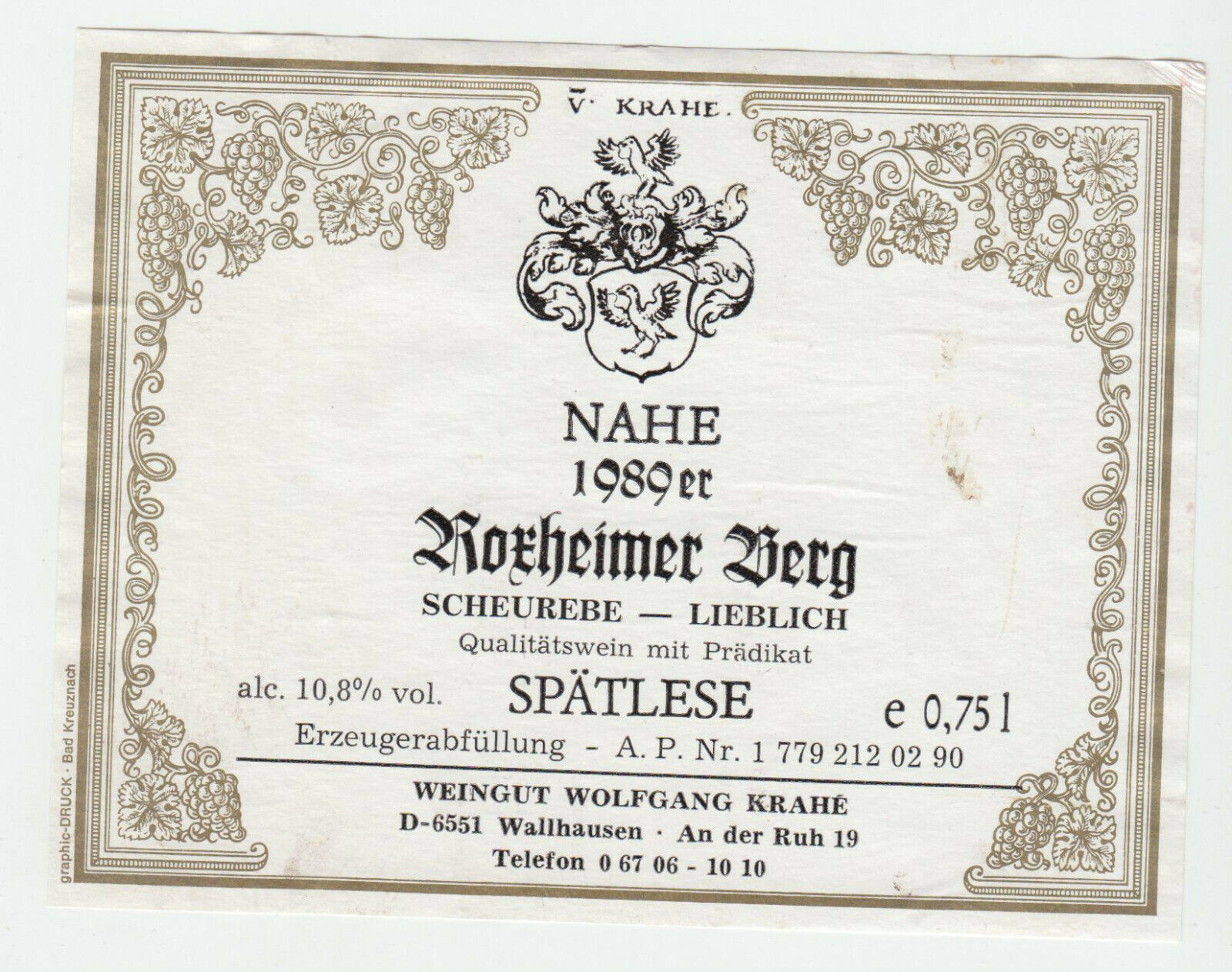 ETIQUETTE DE VIN NAHE 1989 ROFHEIMER BERG SCHEUREBE LIEBLICH SPATLESE 124438225760