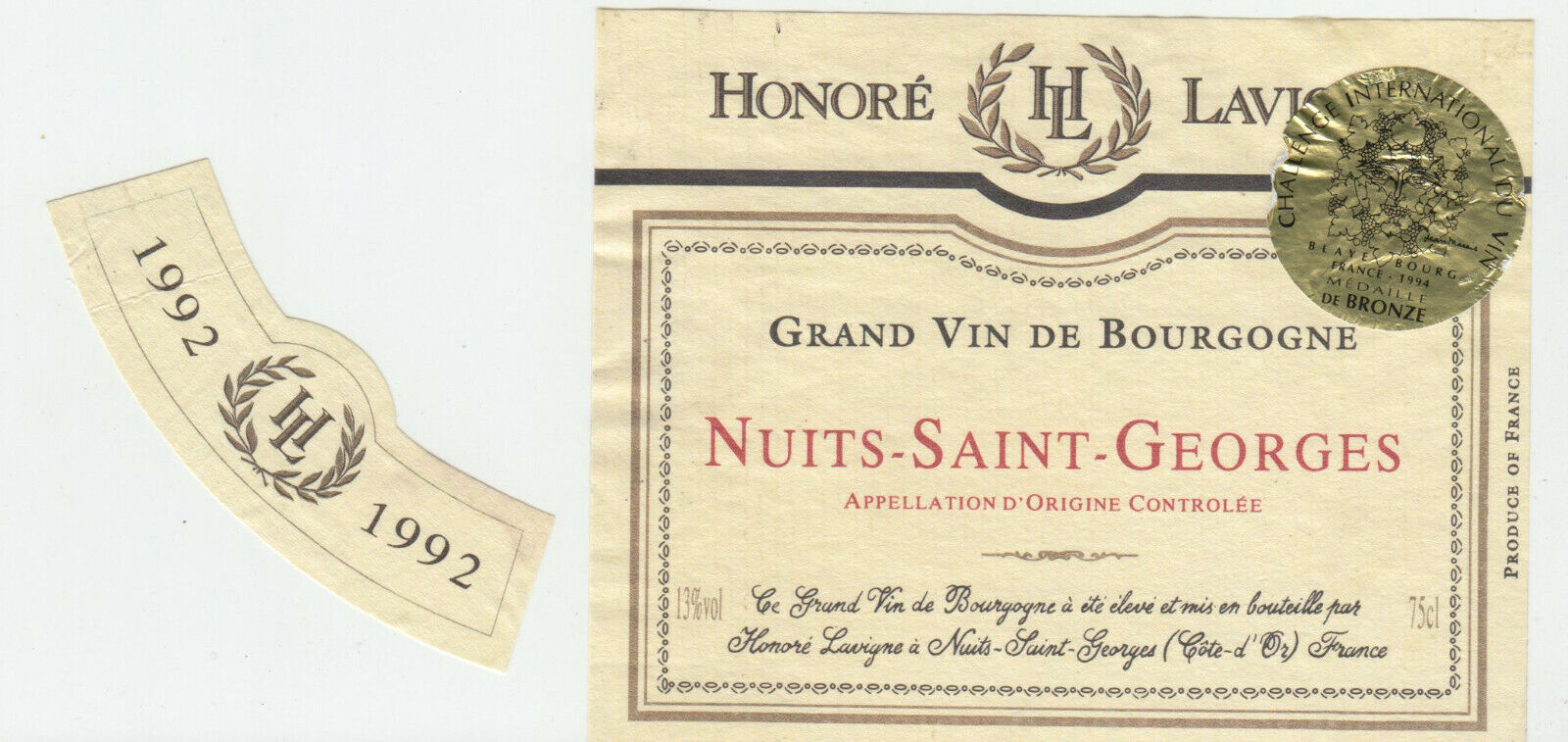 ETIQUETTE DE VIN NUITS SAINT GEORGES 1992 MEDAILLE DE BRONZE HONORE LAVIGNE 124552112060