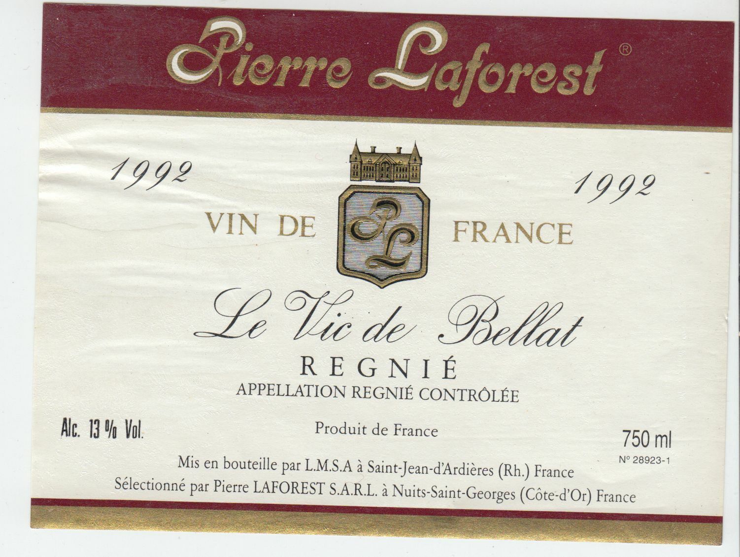 ETIQUETTE DE VIN REGNIE 1992 LE VIC DE BELLAT 402669072070