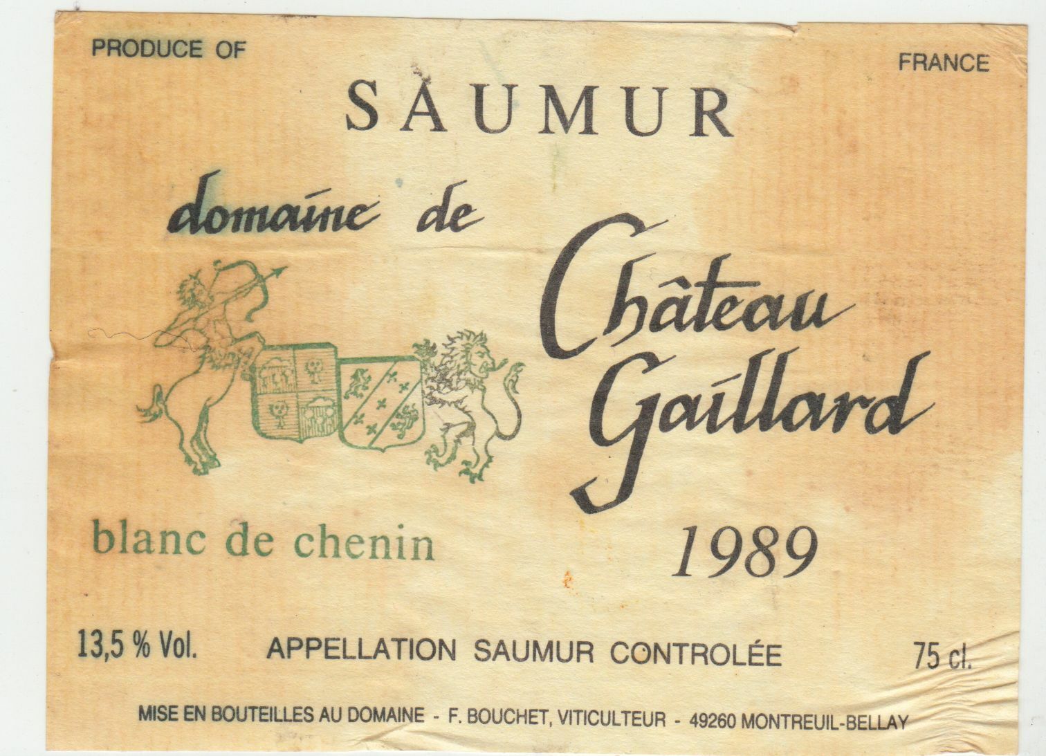 ETIQUETTE DE VIN SAUMUR DOMAINE DE CHATEAU GAILLARD 1989 BLANC DE CHEMIN 402631697870