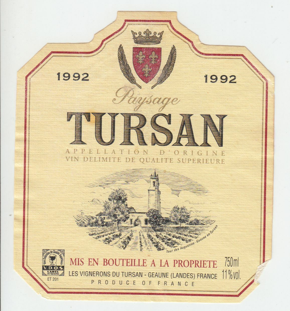 ETIQUETTE DE VIN TURSAN 1992 PAYSAGE 402669072100