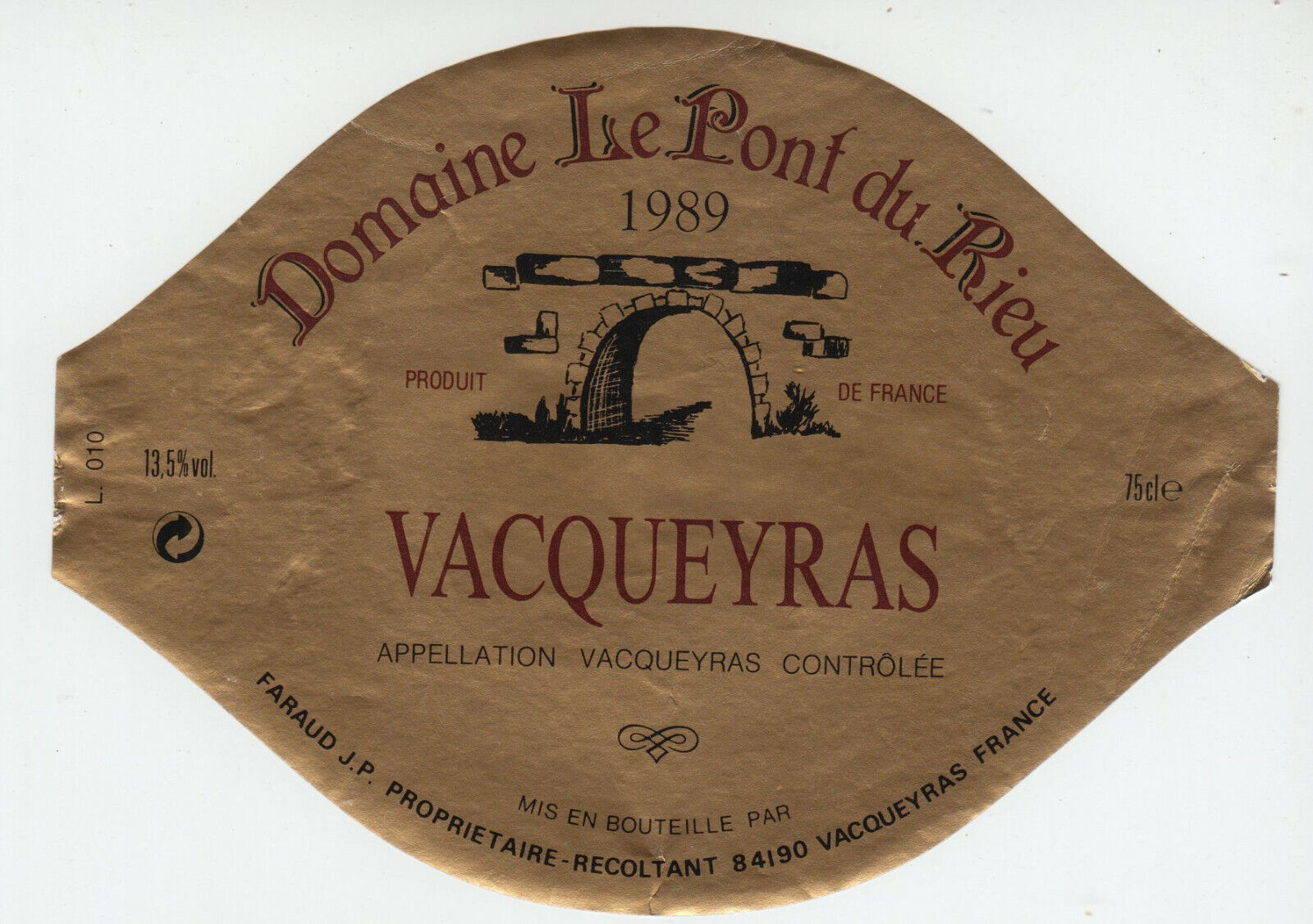 ETIQUETTE DE VIN VACQUEYRAS 1989 DOMAINE LE PONT DU RIEU 402581825540