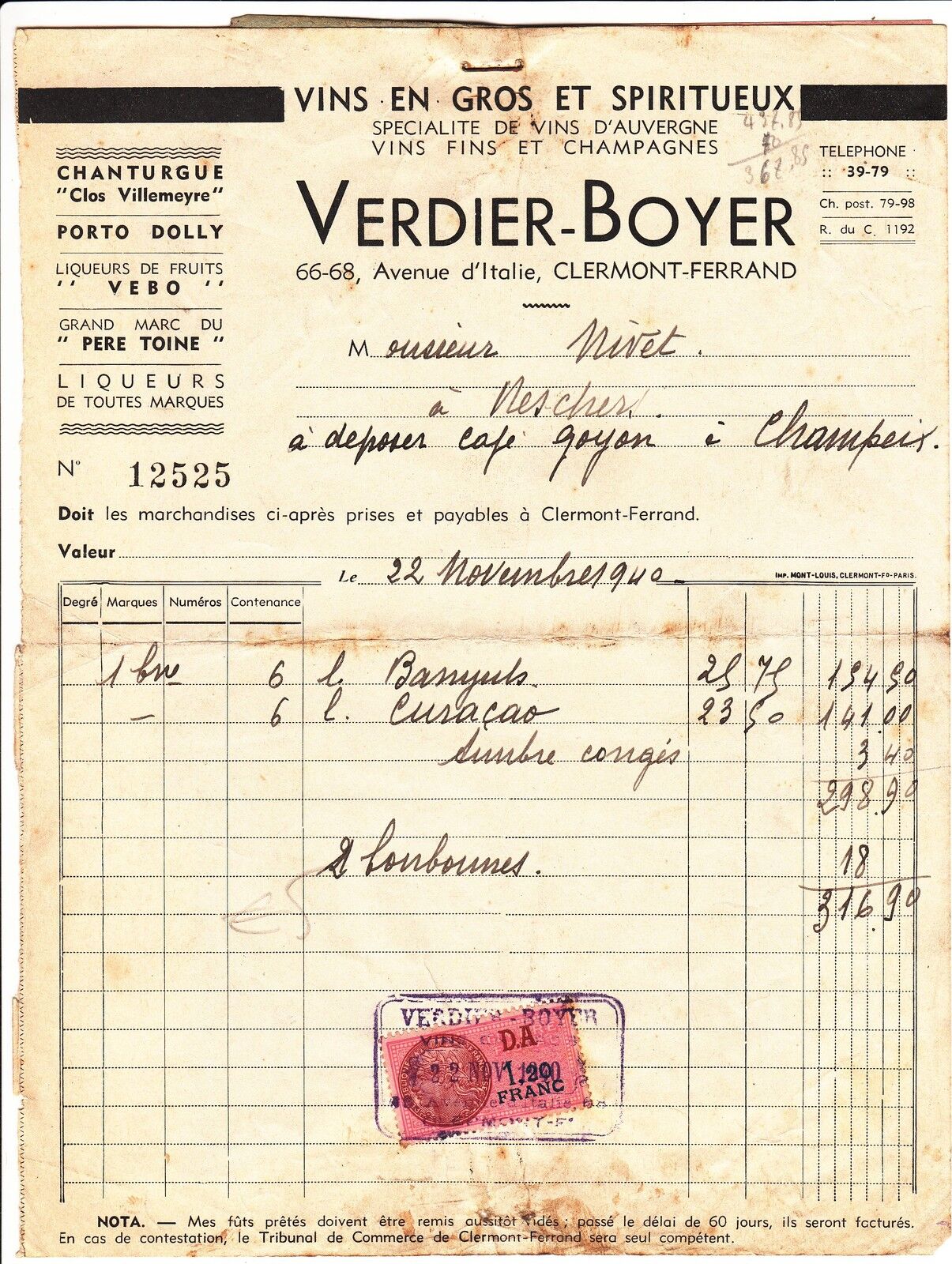 FACTURE VERDIER BOYER CLERMONT FERRAND TIMBRE FISCAL PLUS DOCUMENTS 121995995290