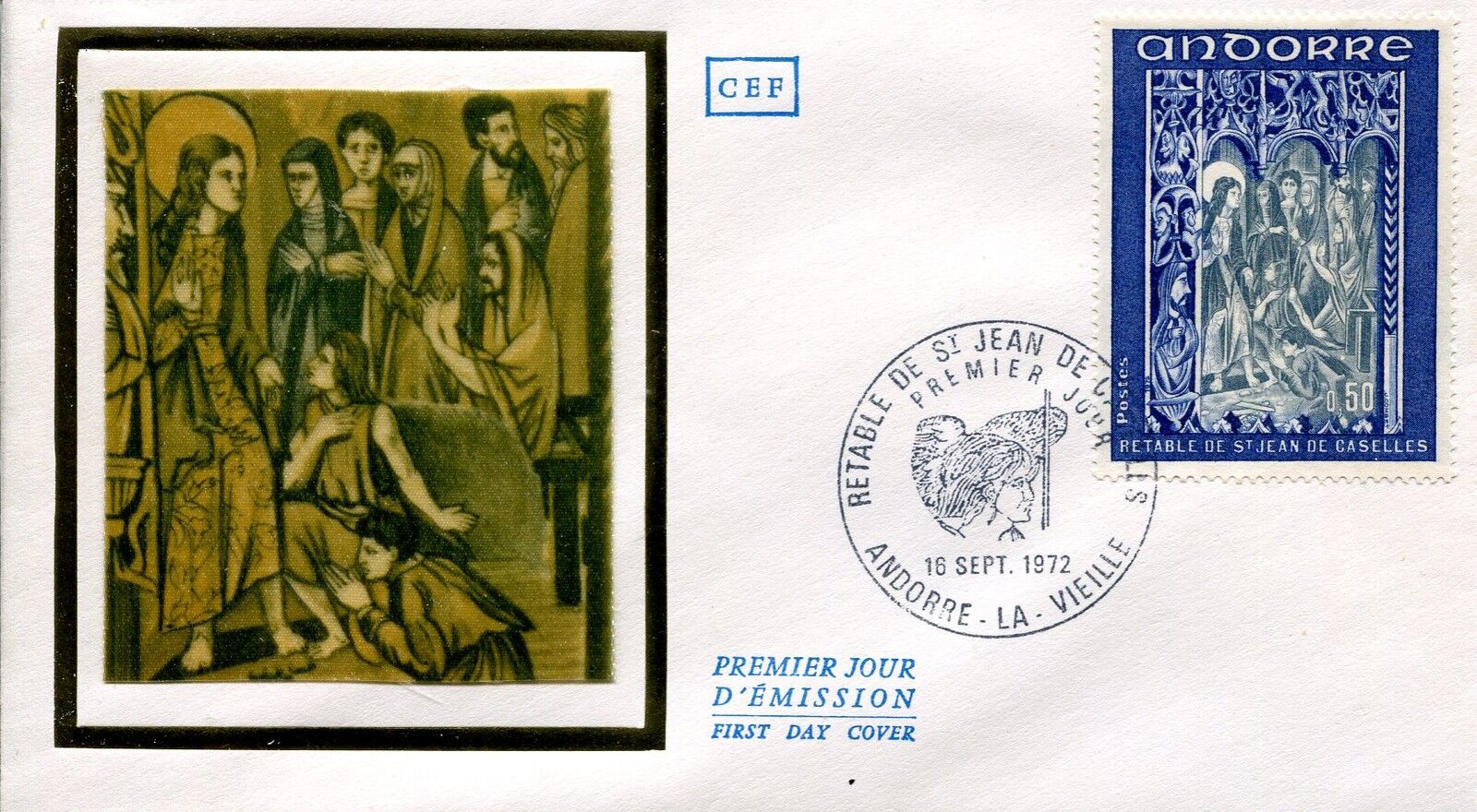 FDC PREMIER JOUR ANDORRE 1972 TIMBRE N 222 RETABLE CHAPELLE SAINT JEAN CASELLES 400790725520