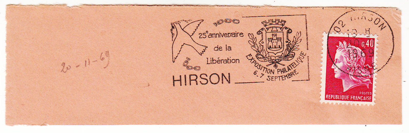 FLAMME HIRSON 1969 25 ANNIVERSAIRE DE LA LIBERATION 124067356460