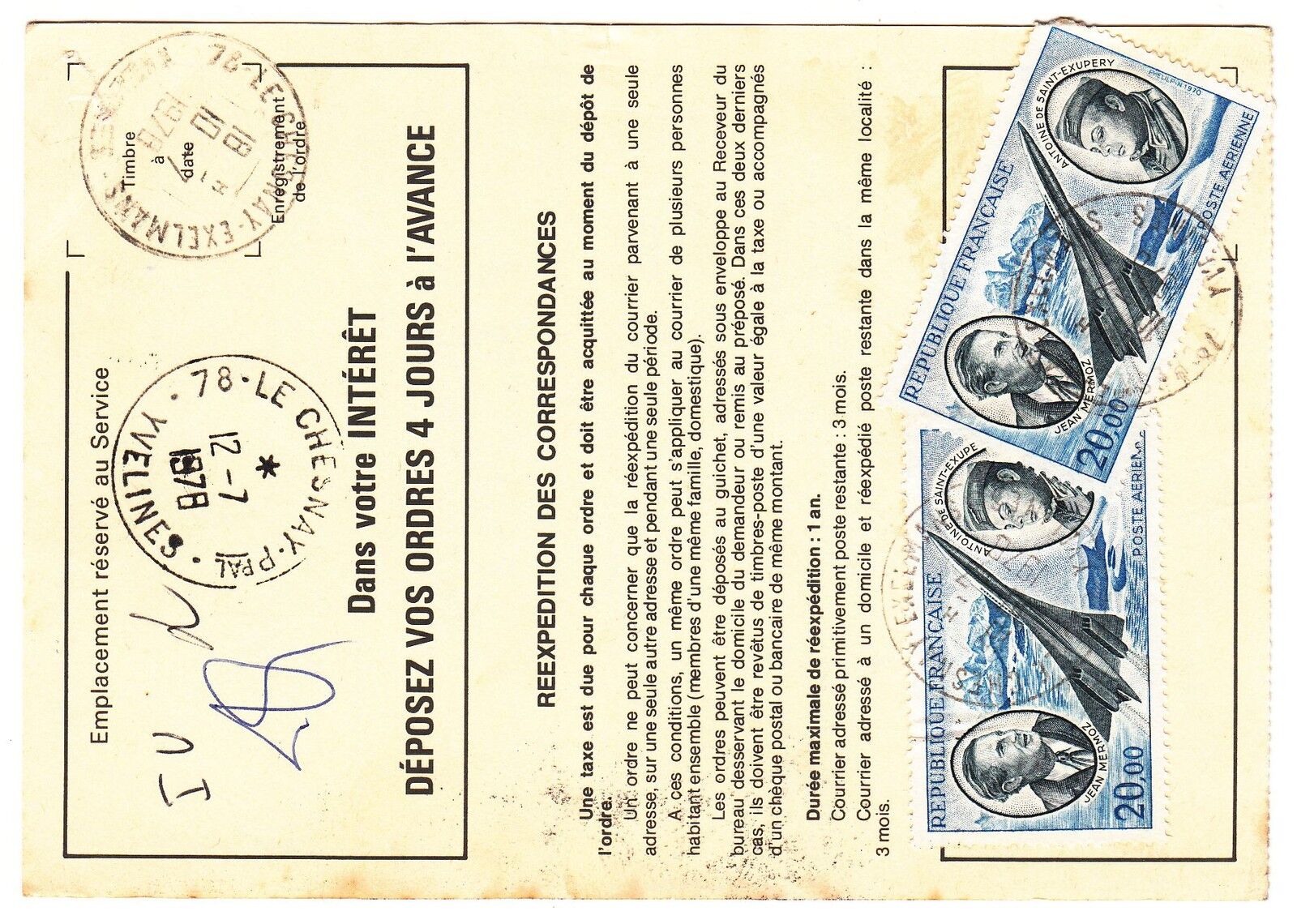 FRANCE TIMBRE ORDRE DE REEXPEDITION LE CHESNAY POUR BEAUVAIS 1978 121902931570