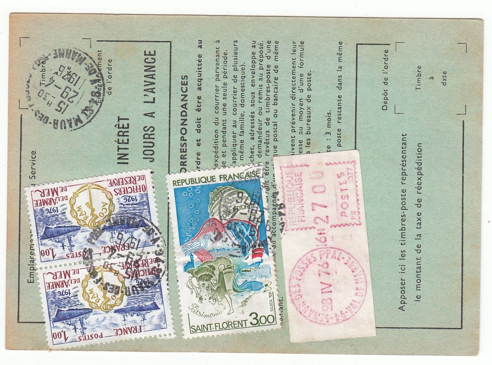 FRANCE TIMBRE ORDRE DE REEXPEDITION ST MAUR POUR ST MAUR 1976 401074992370