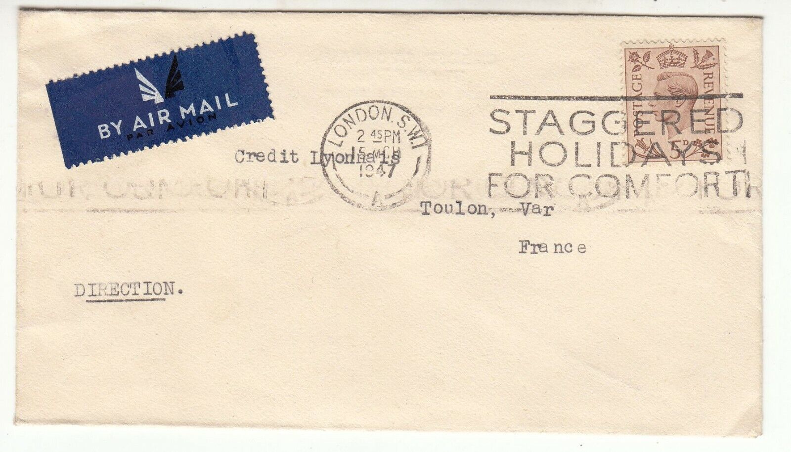 LETTRE AGENCE DE LONDRES CANNES 1947 CREDIT LYONNAIS PAR AVION FLAMME 401757013050