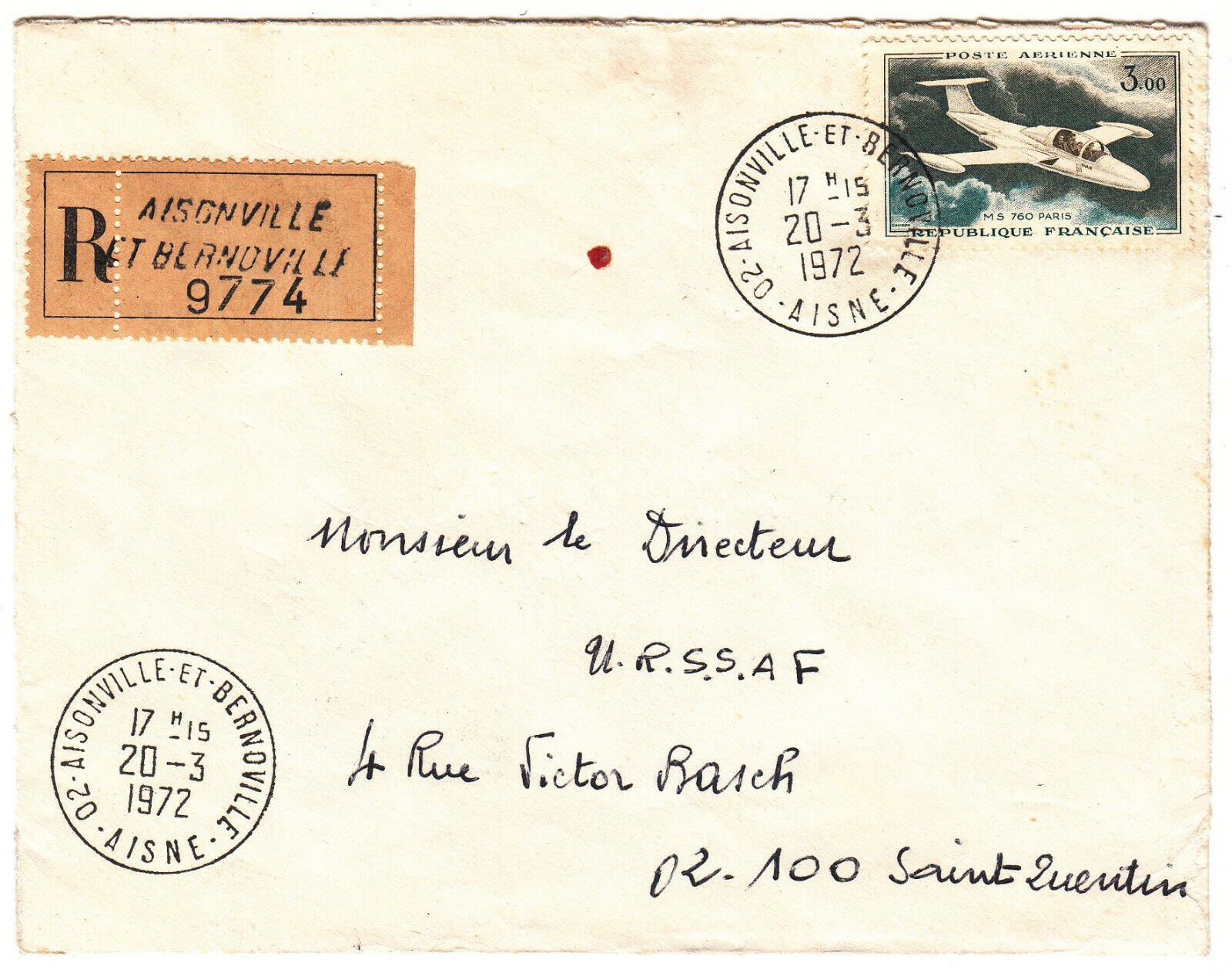 LETTRE AISONVILLE ET BERNOVILLE POUR ST QUENTIN 1972 RECOMMANDE TIMBRE PA 124071988010