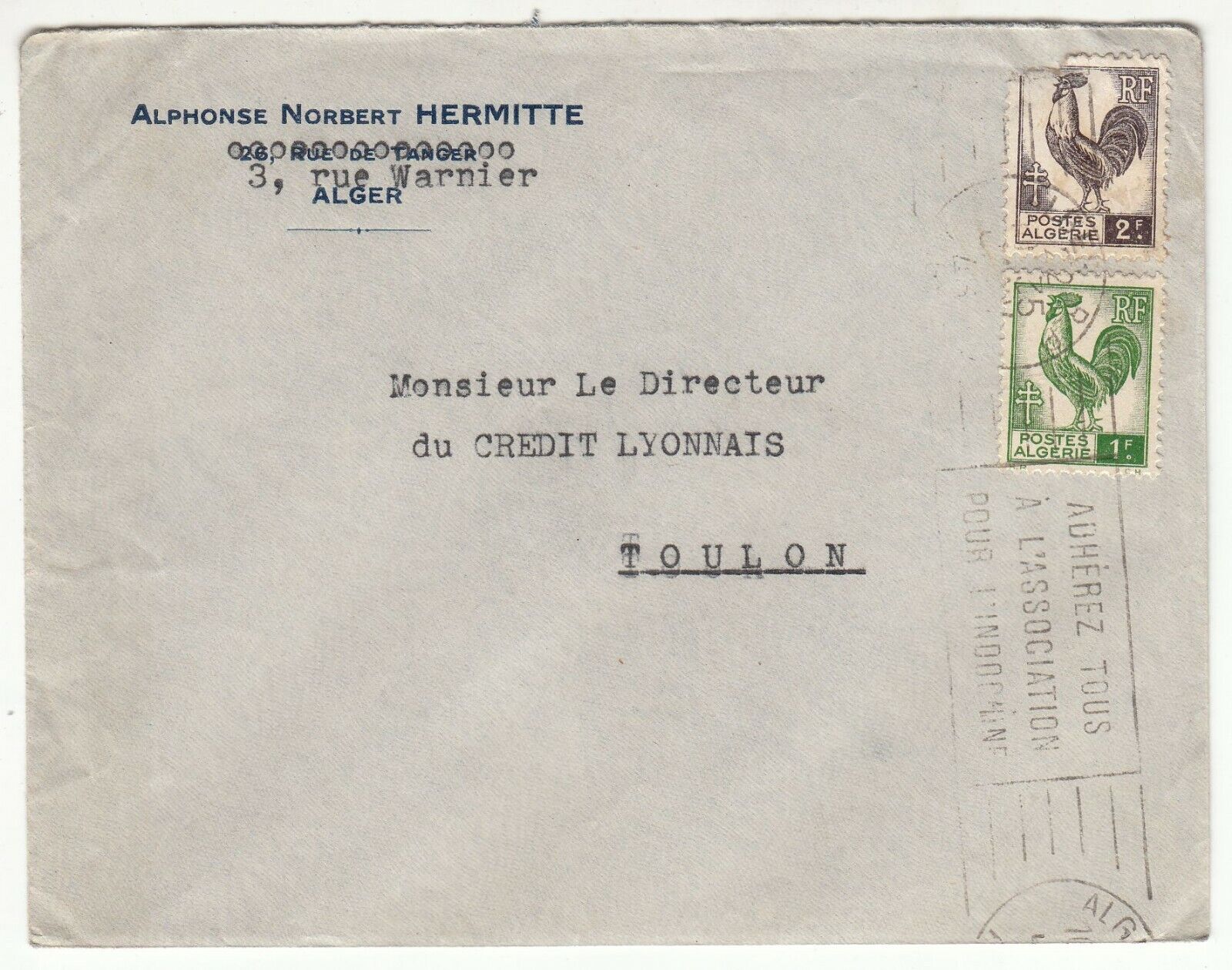 LETTRE ALGERIE ALPHONSE NORBERT HERMITTE TOULON CREDIT LYONNAIS 1946 FLAMME 401753061790