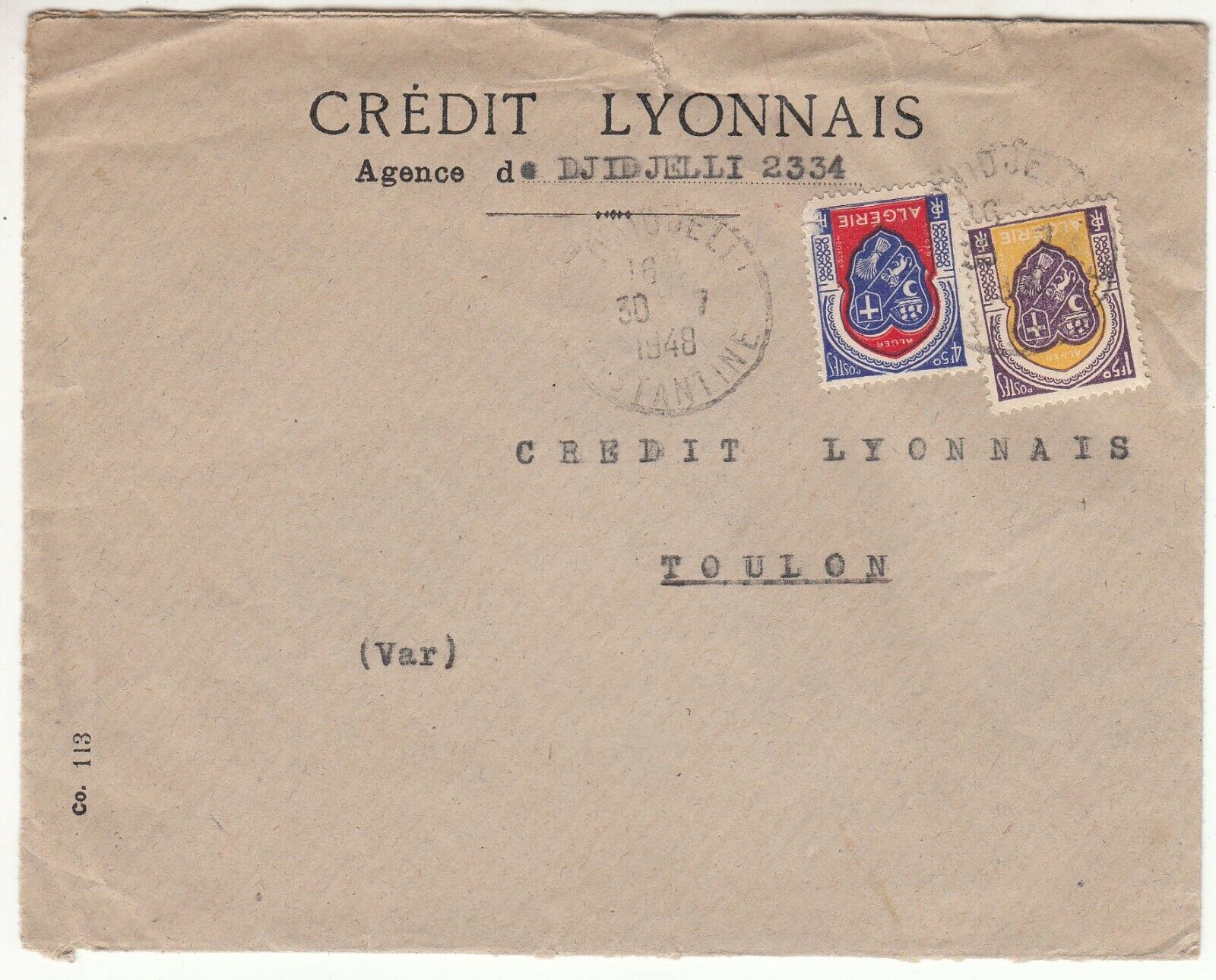 LETTRE ALGERIE CONSTANTINE AGENCE DE DJIDJELLI TOULON 1948 CREDIT LYONNAIS 123741889330