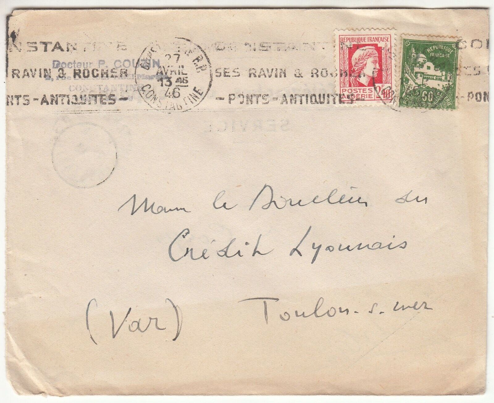 LETTRE ALGERIE CONSTANTINE TOULON CREDIT LYONNAIS 1946 FLAMME 401759806440