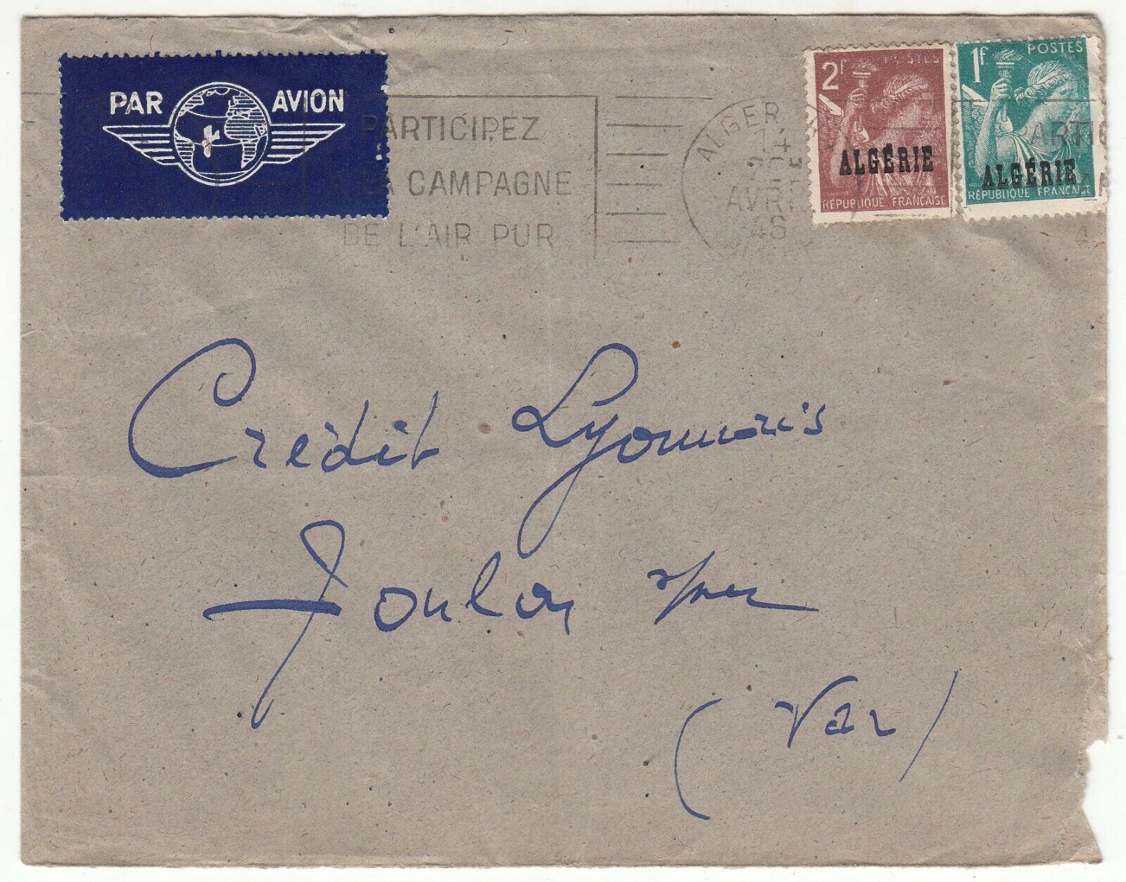 LETTRE ALGERIE FLAMME CAMPAGNE AIR PUR TOULON CREDIT LYONNAIS 1948 123741889310