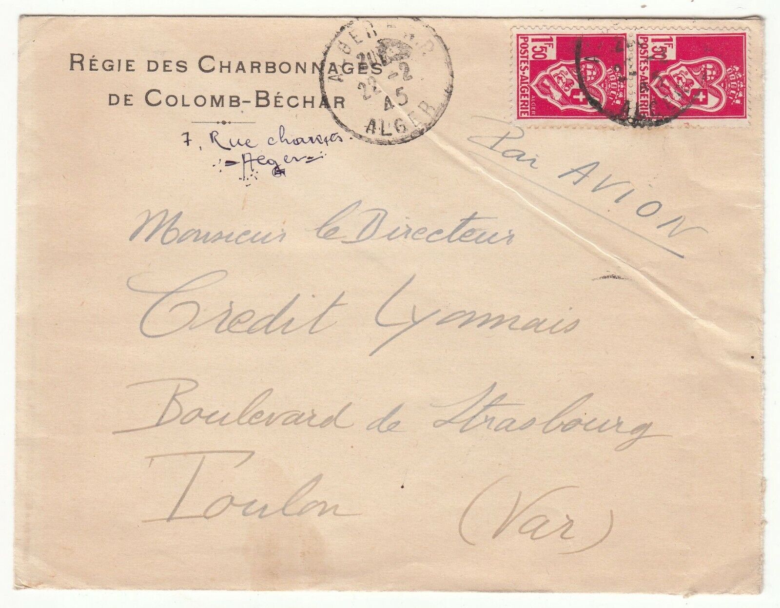 LETTRE ALGERIE REGIE DES CHARBONNAGES TOULON 1945 CREDIT LYONNAIS PAR AVION 123741889320