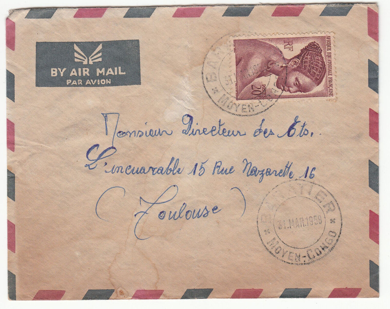 LETTRE BARATIER MOYEN CONGO POUR TOULOUSE 1958 PAR AVION 401459642470