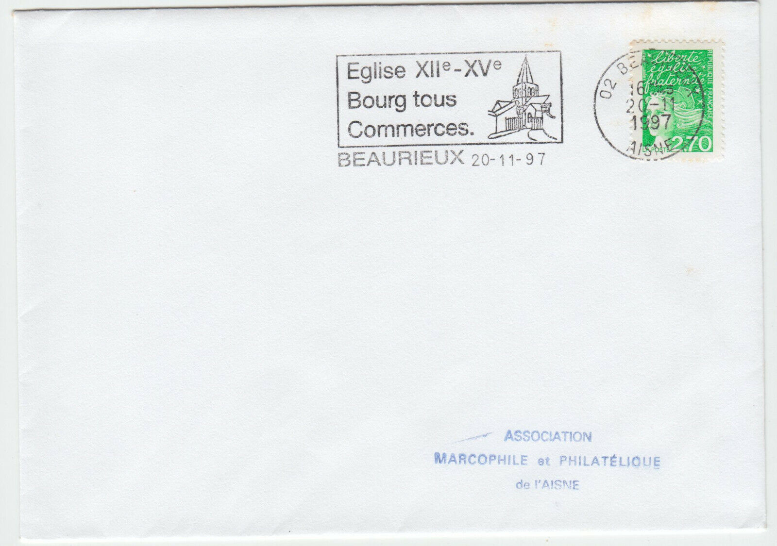 LETTRE BEAURIEUX 1997 FLAMME EGLISE XII XV BOURG TOUS COMMERCES 124074937020