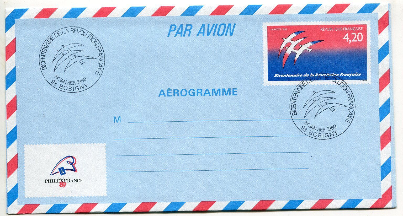 LETTRE BOBIGNY AEROGRAMME PREMIER JOUR BICENTENAIRE REVOLUTION 121170948440