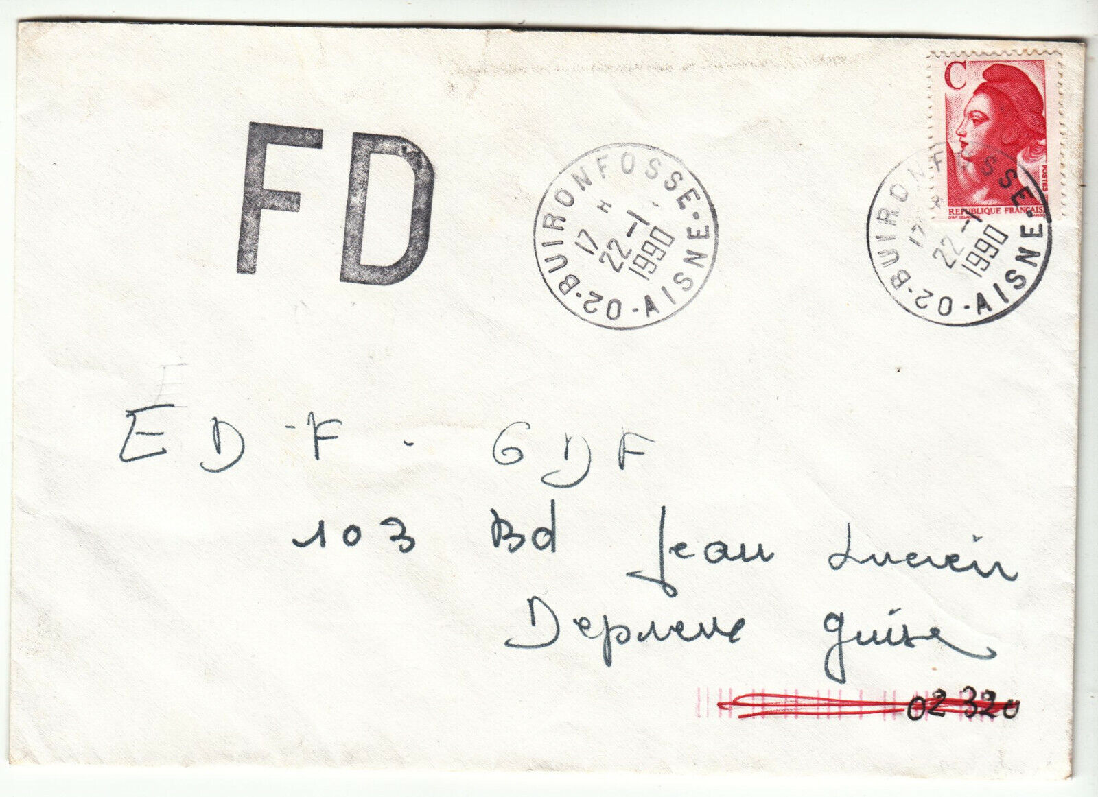 LETTRE BUIRONFOSSE POUR GUISE 1990 CACHET FD CACHET ANIZY LE CHATEAU AU DOS 402068671600