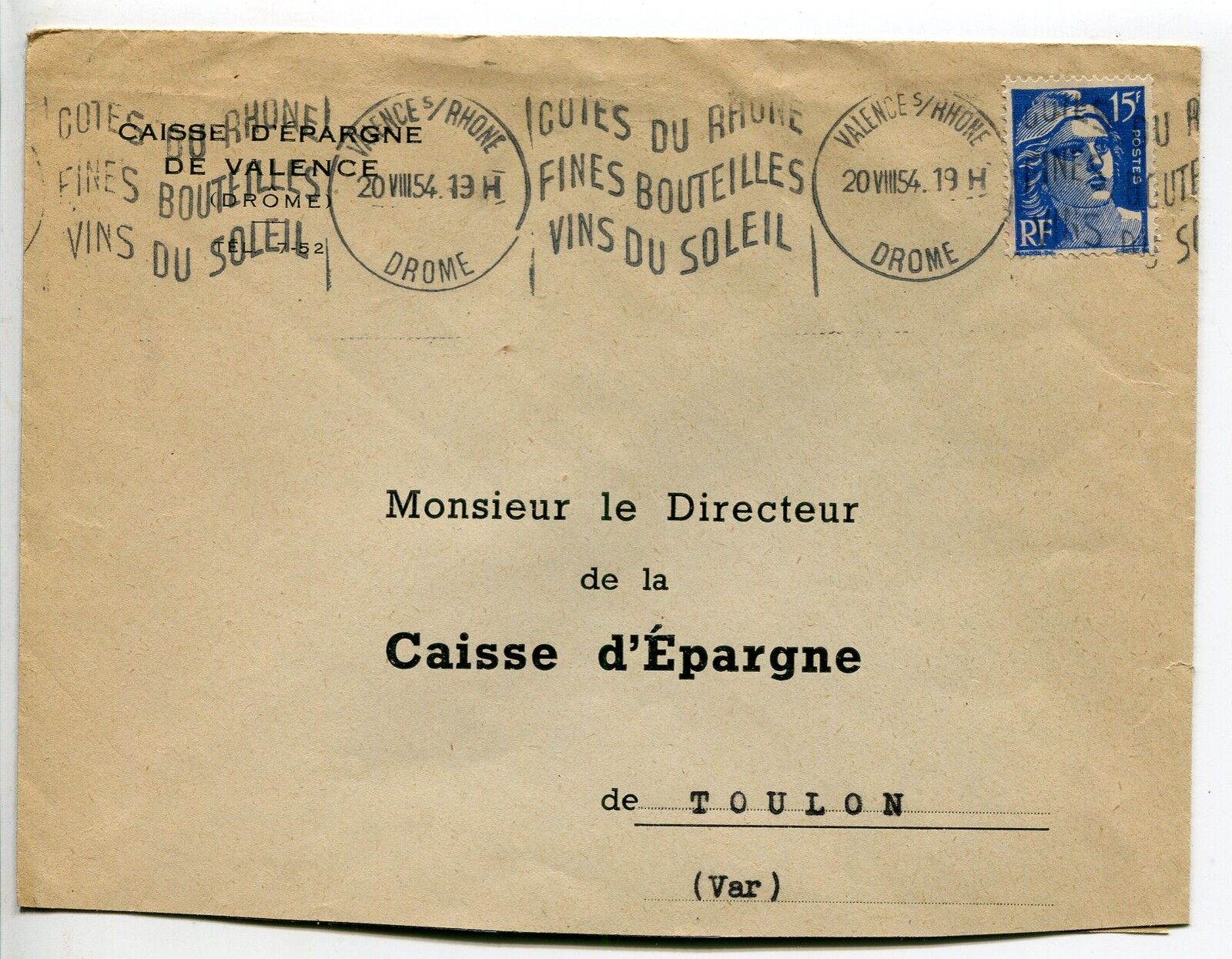 LETTRE CAISSE D EPARGNE DE VALENCE POUR CAISSE D EPARGNE DE TOULON 1954 FLAMME 400776862060