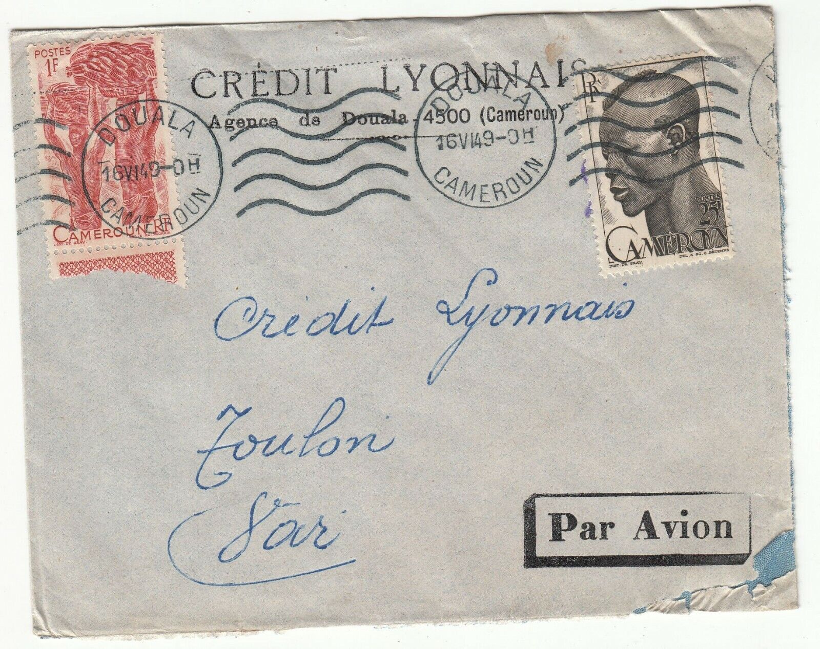 LETTRE CAMEROUN DOUALA TOULON CREDIT LYONNAIS 1949 PAR AVION 123775764170