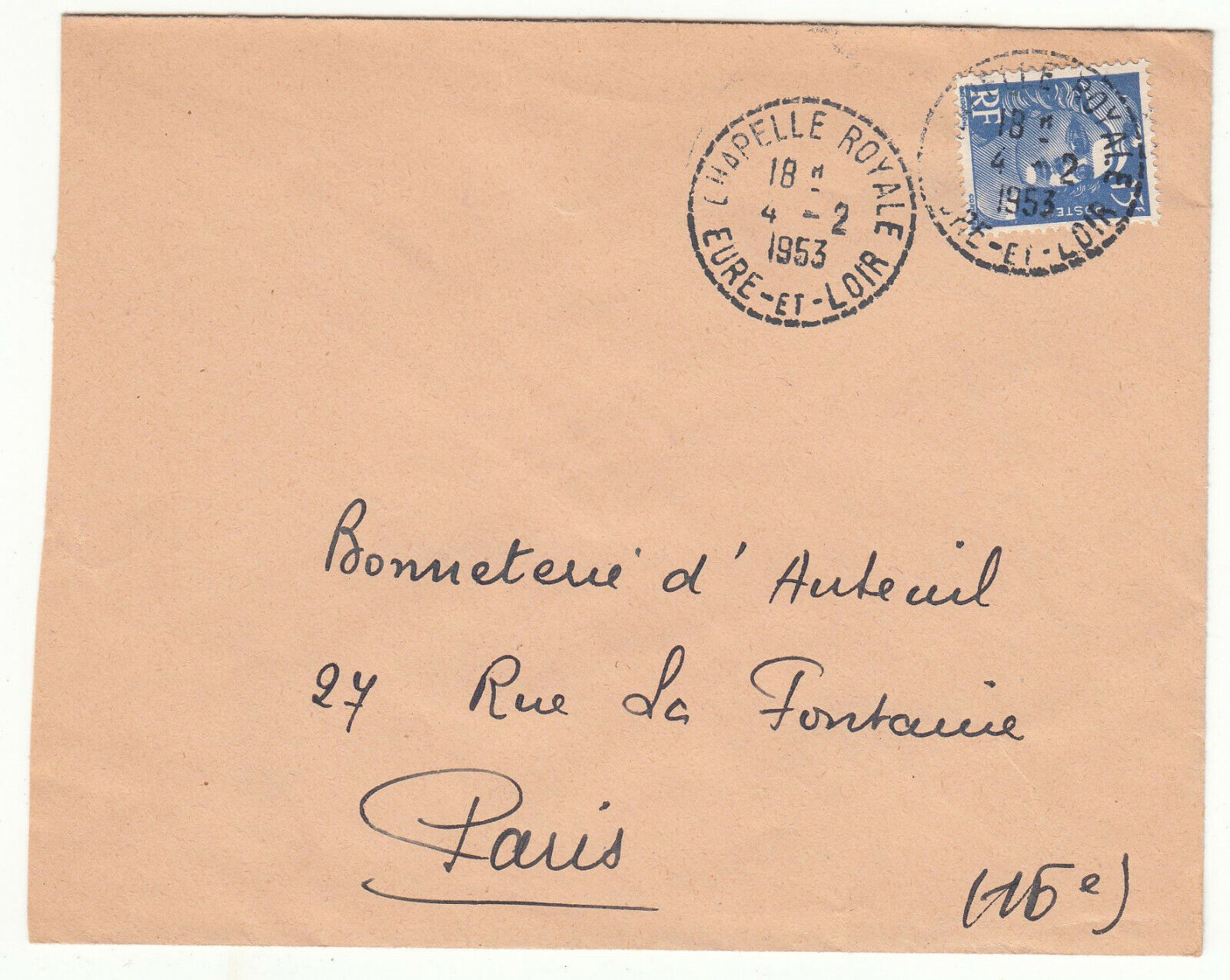 LETTRE CHAPELLE ROYALE POUR PARIS SEUL SUR LETTRE GANDON CACHET PERLE 1953 401826446940