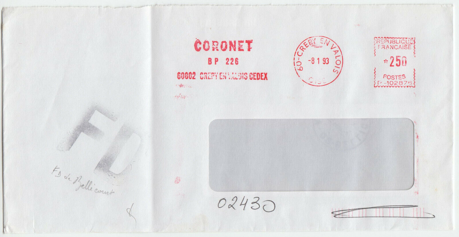 LETTRE CORONET CREPY EN VALOIS POUR BELLICOURT 1993 CACHET ROUGE 402074775900