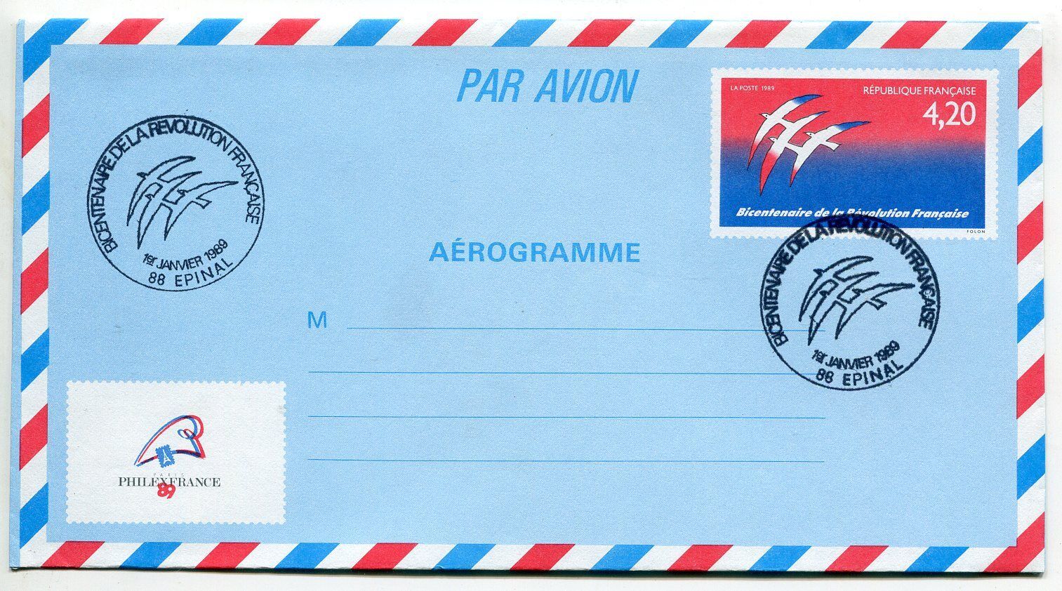 LETTRE EPINAL AEROGRAMME PREMIER JOUR BICENTENAIRE REVOLUTION 400566830380