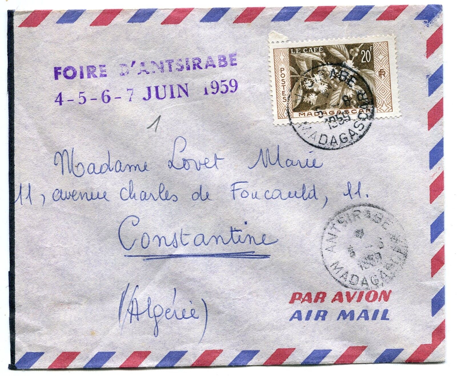 LETTRE FOIRE D ANTSIRABE MADAGASCAR 1959 POUR CONSTANTINE ALGERIE 400765256130