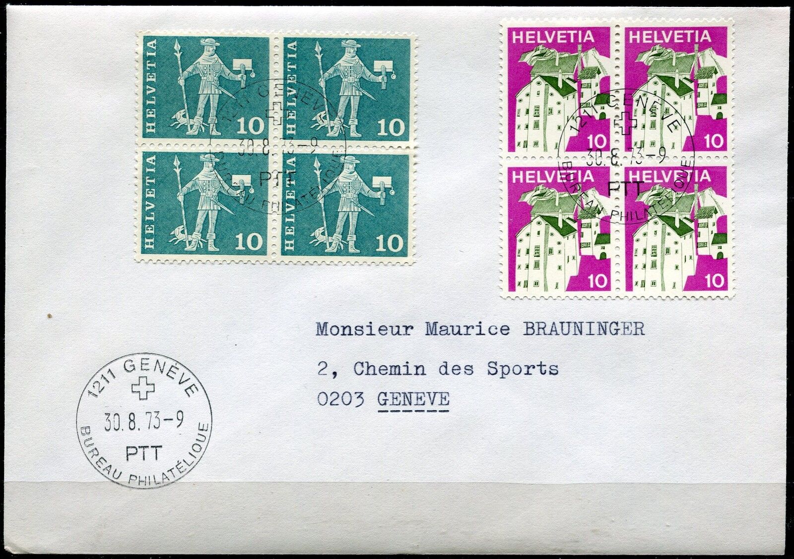 LETTRE GENEVE POUR GENEVE SUISSE 1973 BLOC TIMBRE 400328780390