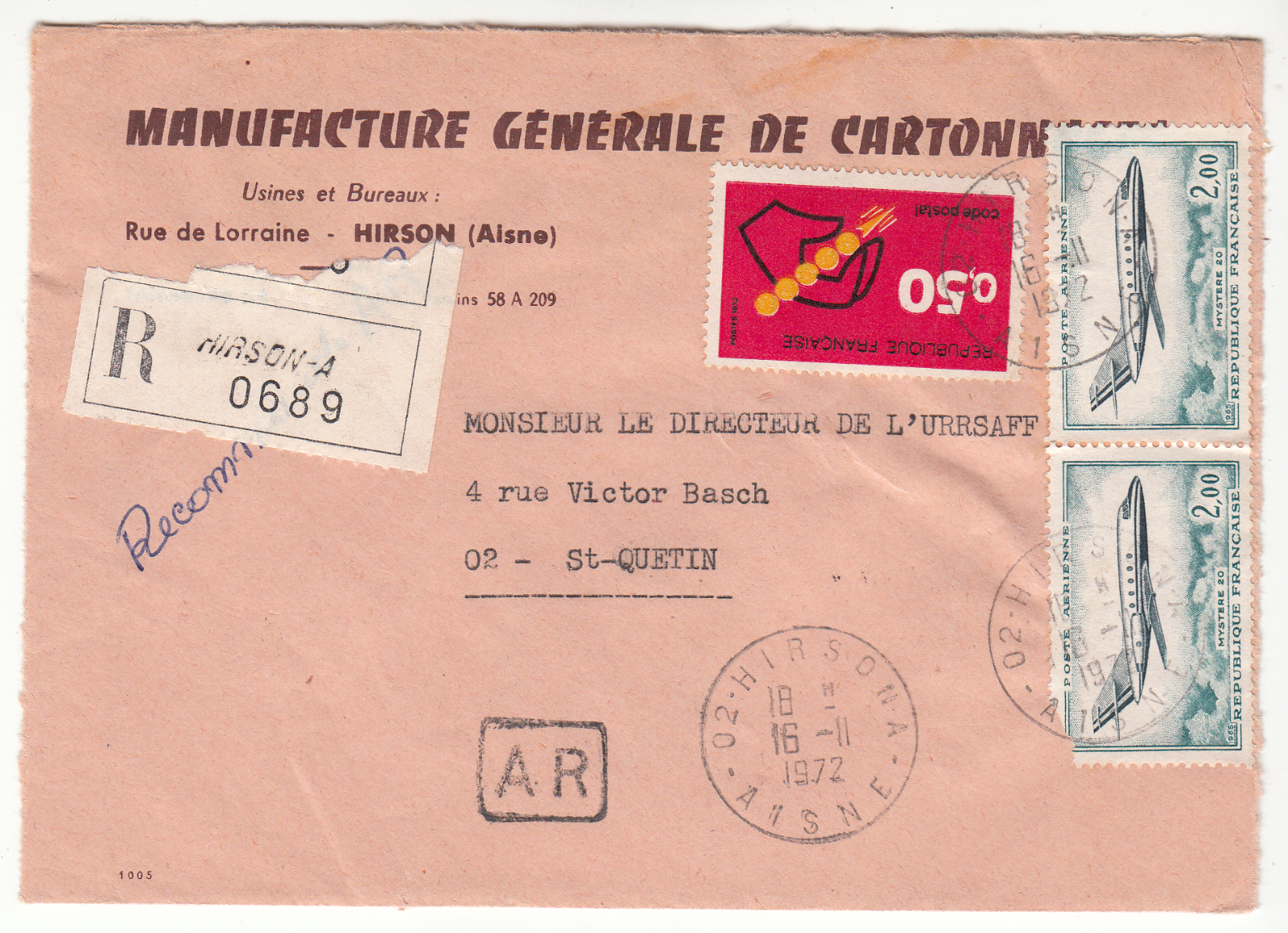 LETTRE HIRSON A POUR ST QUENTIN 1972 RECOMMANDE AR POSTE AERIENNE 402063966530