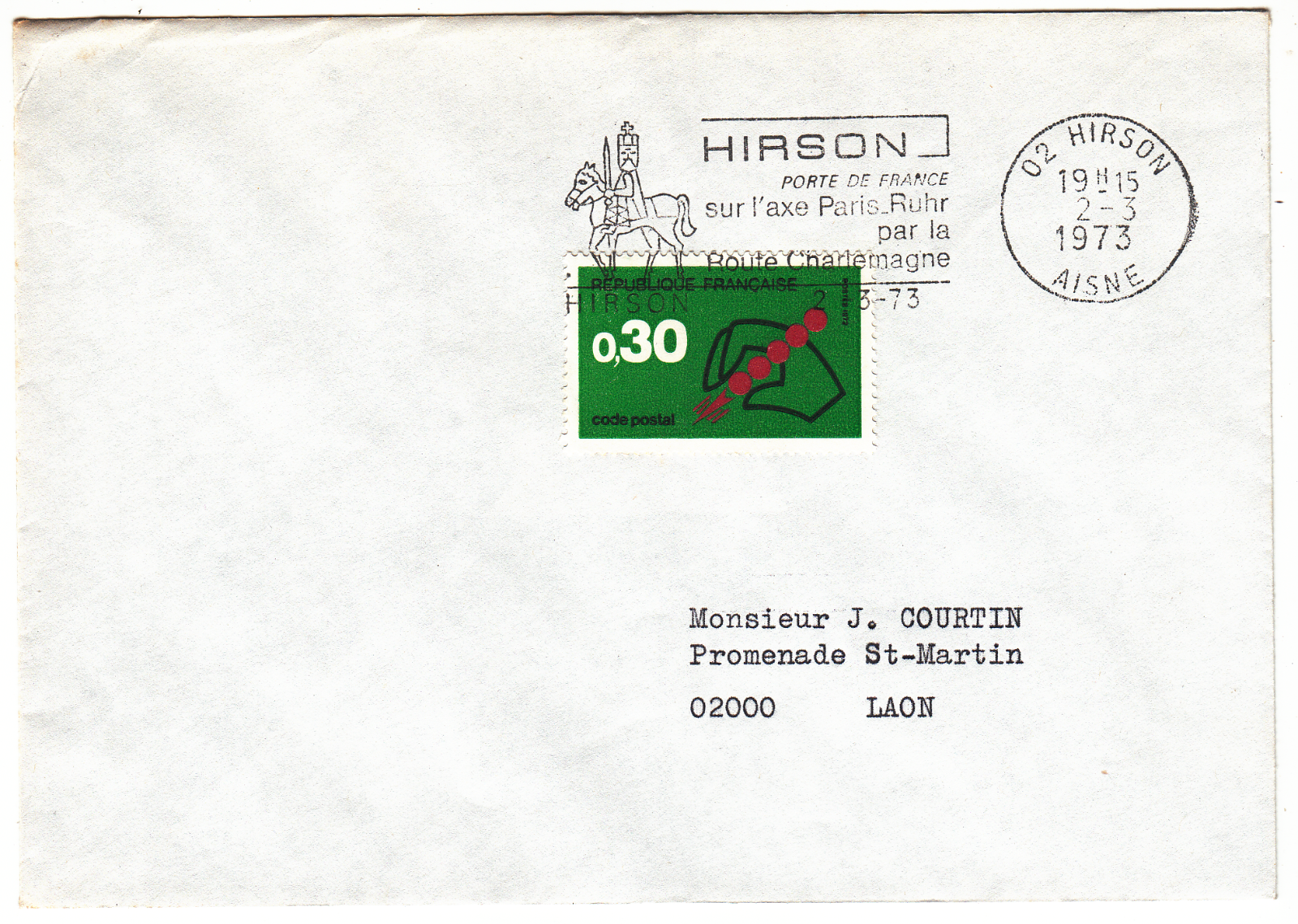 LETTRE HIRSON POUR LAON PORTE DE FRANCE SUR L AXE ROUTE CHARLEMAGNE 1973 124067356440