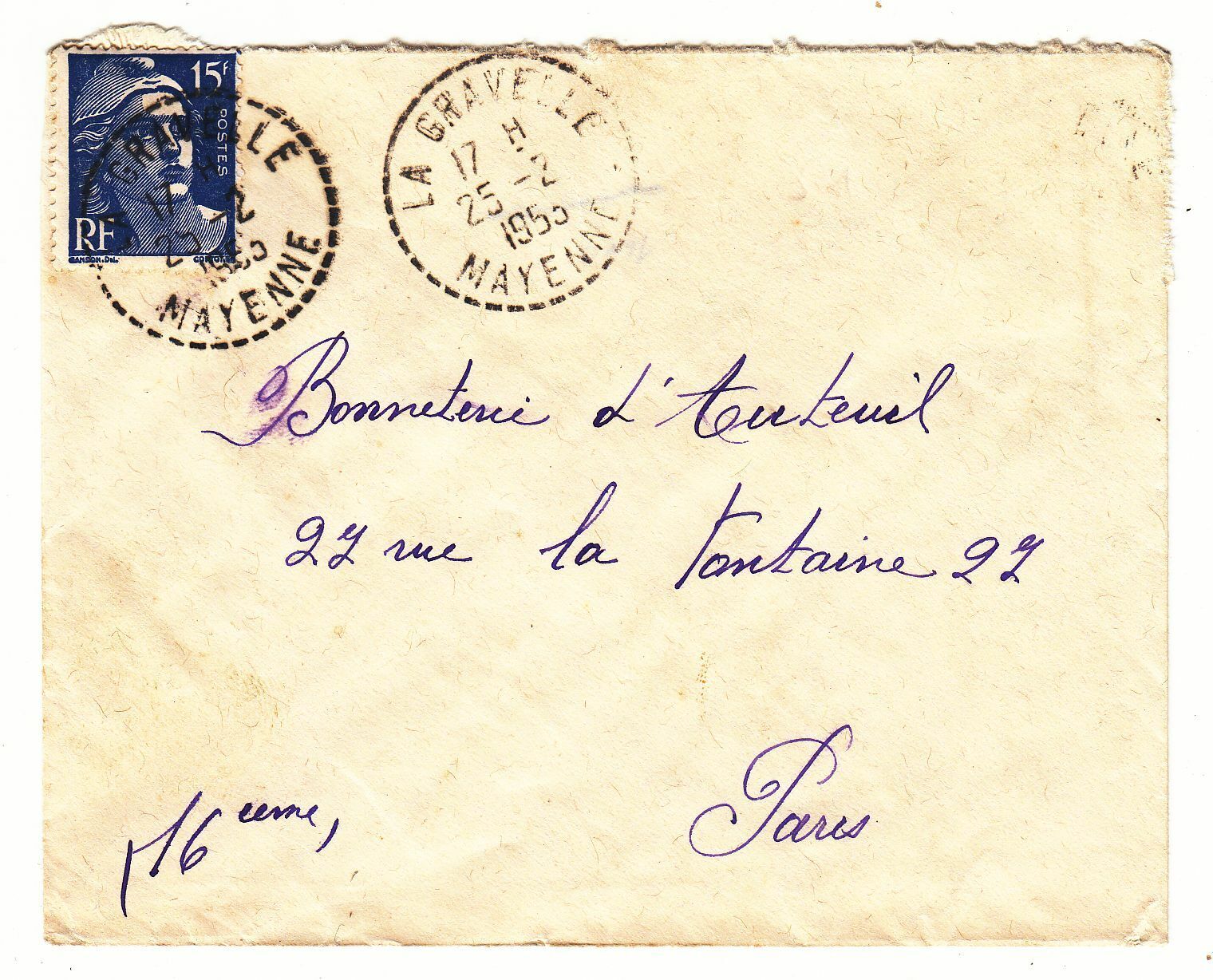 LETTRE LA GRAVELLE POUR PARIS SEUL SUR LETTRE GANDON CACHET PERLE 1955 123849427740