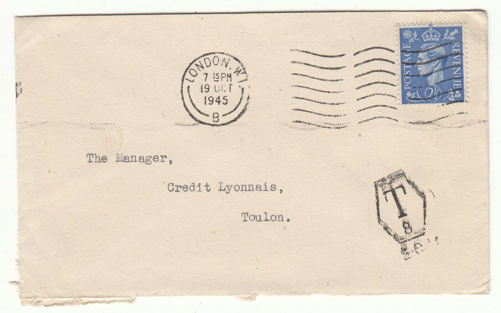 LETTRE LONDRE TOULON 1945 CREDIT LYONNAIS CACHET TAXE 8 123749702580